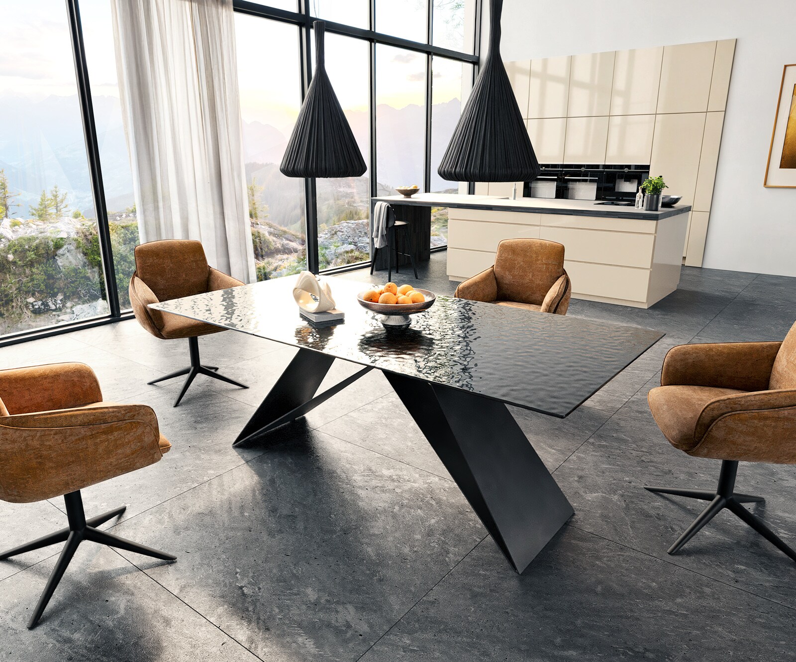 Table à manger Edge 200x100 verre fondu noir fumé relief en 3D cadre en V acier plat noir 5