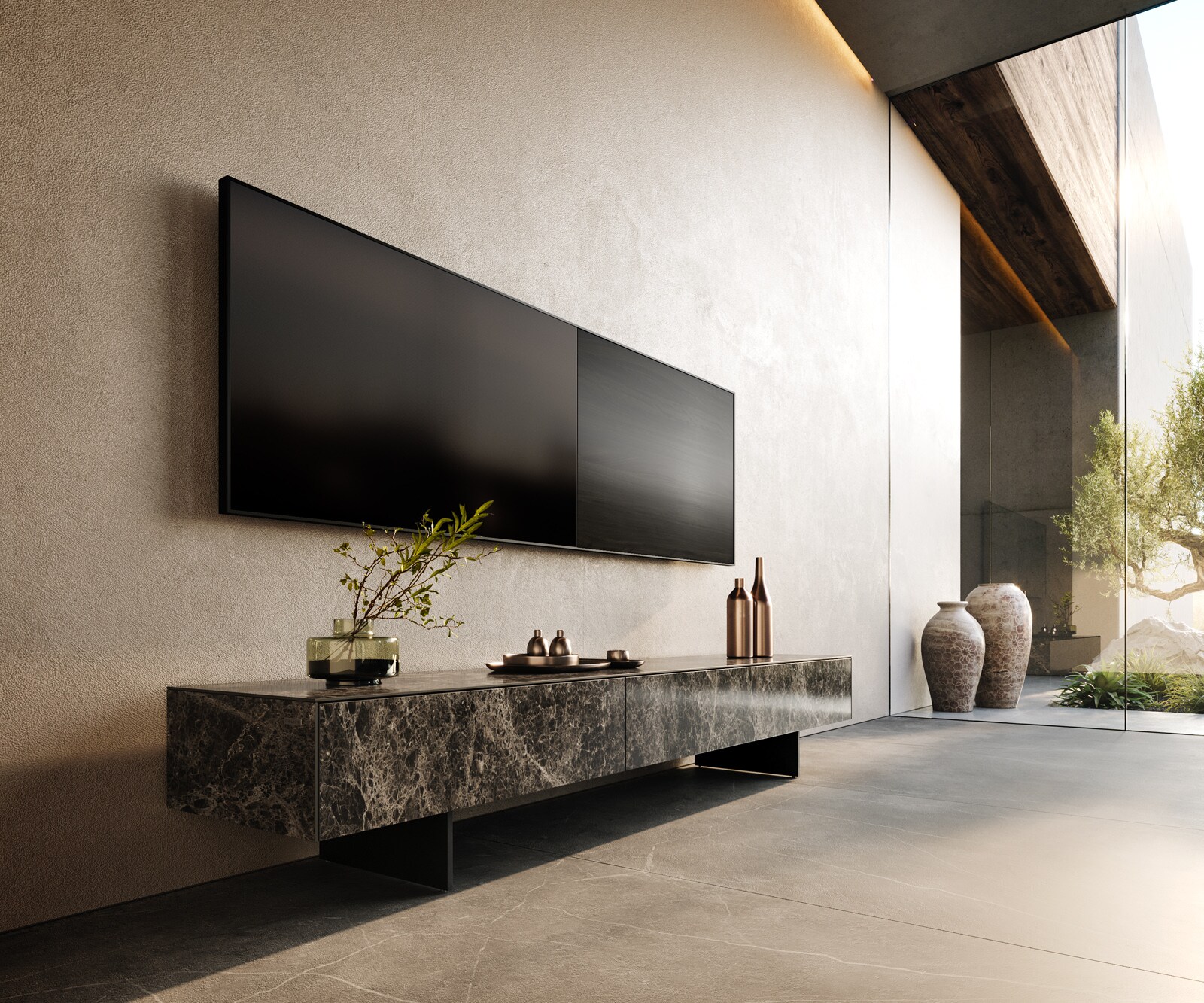 Meuble-TV Cuor 200 cm Céramique Emperador Extra Lucidato brun foncé 1 Clapet 1 Tiroir Pied optique flottant Métal Noir