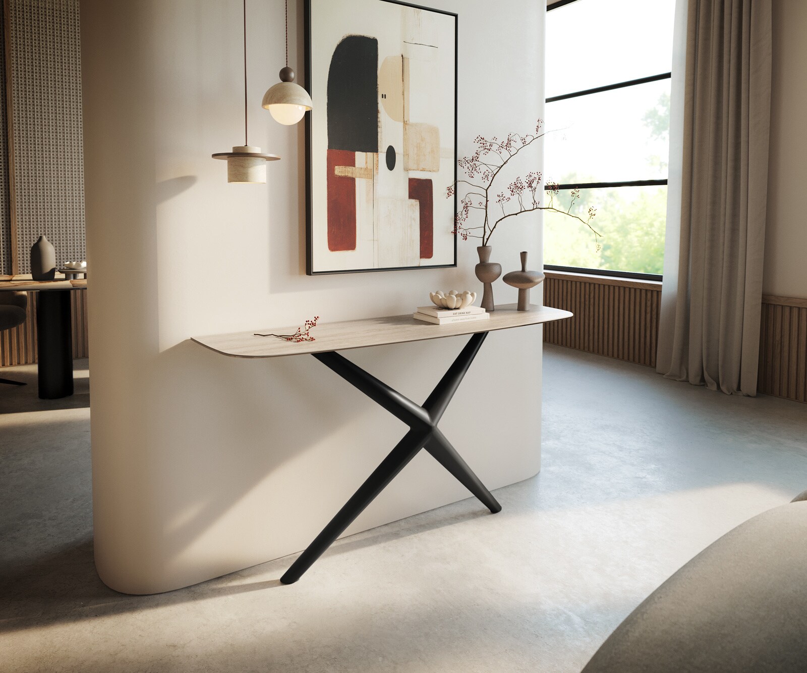 Console Edge forme bateau 140x40 cm Céramique Laminam® Travertino Bianco Creme-Weiß Estelo Métal Noir 1