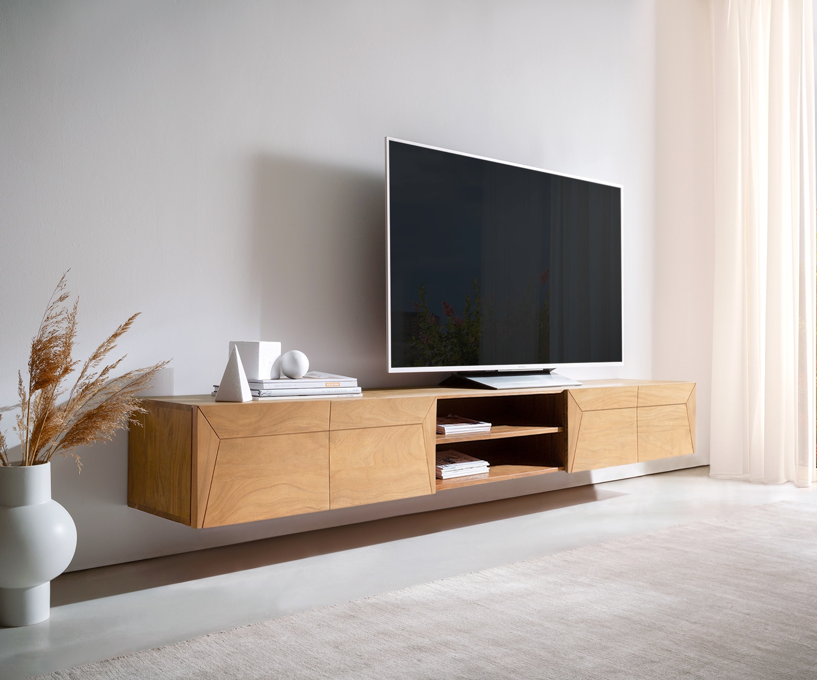 Meuble-TV Kayu 240 cm acacia naturel 4 portes flottantes Meuble-TV Kayu 240 cm acacia naturel 4 portes flottantes