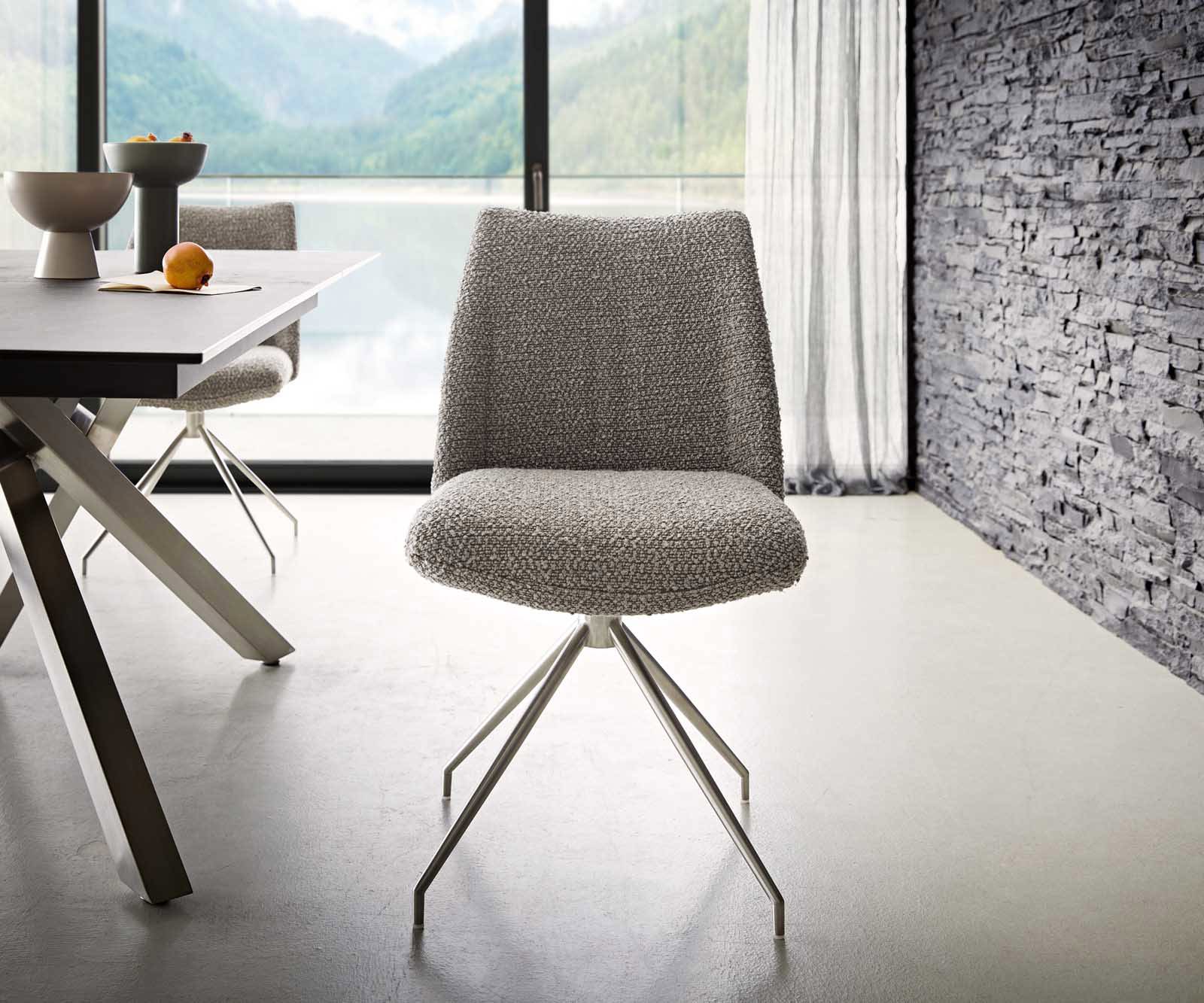 Chaise-pivotante Elso-Flex bouclé gris argenté pied croisé conique acier inoxydable brossé pivotement sur 180° ressorts ensachés 1 Chaise-pivotante Elso-Flex bouclé gris argenté pied croisé conique acier inoxydable brossé pivotement sur 180° ressorts ensachés 1