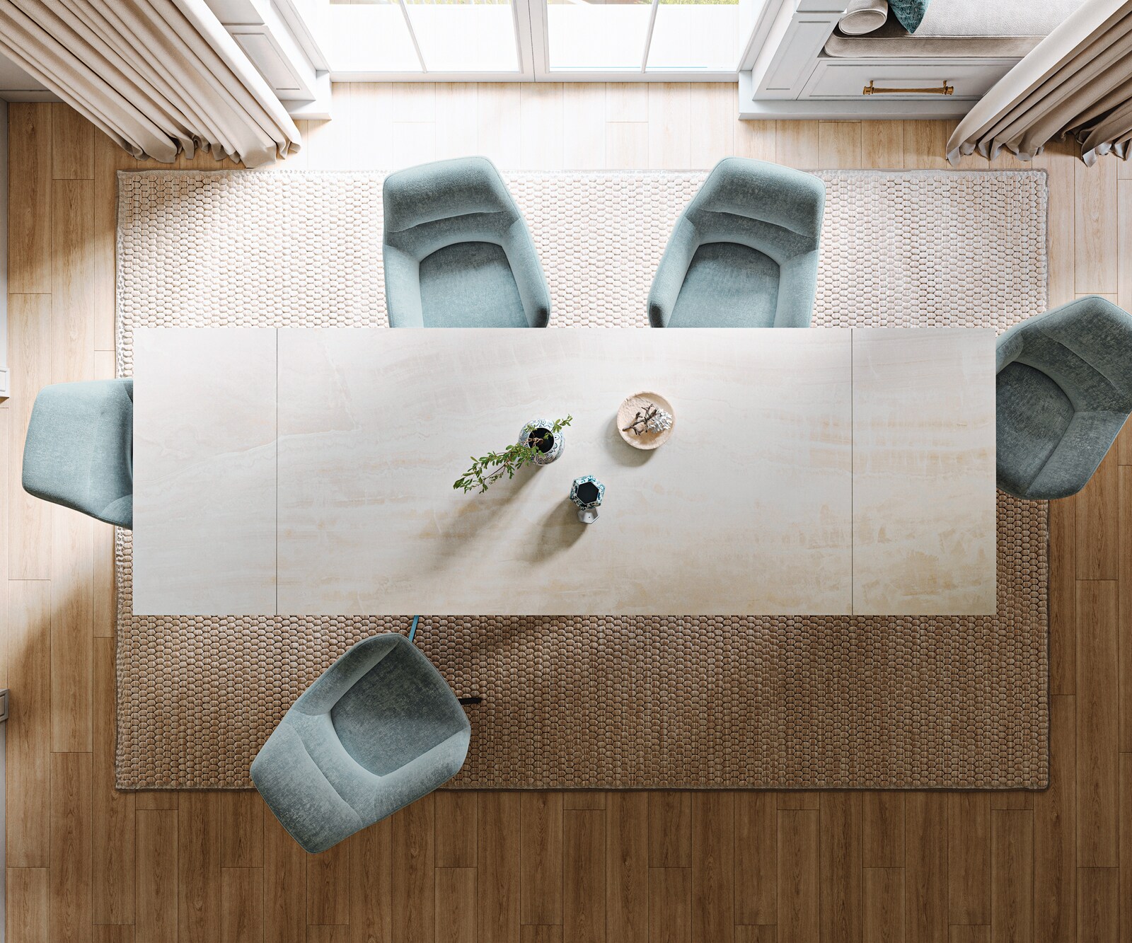 Table à manger extensible Edge 200-300x100 cm céramique Onyx Champagne piètement croisé rectangulaire inox graphite 6