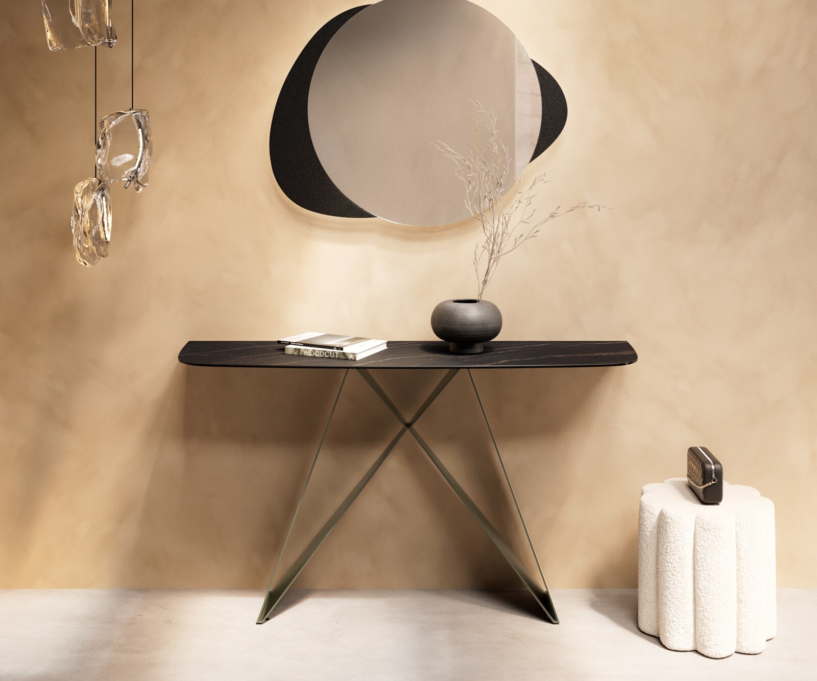 Console Edge forme bateau 140x40 cm Céramique Laminam® Noir Desir Braun Velio Métal Effektfinish Titan 1