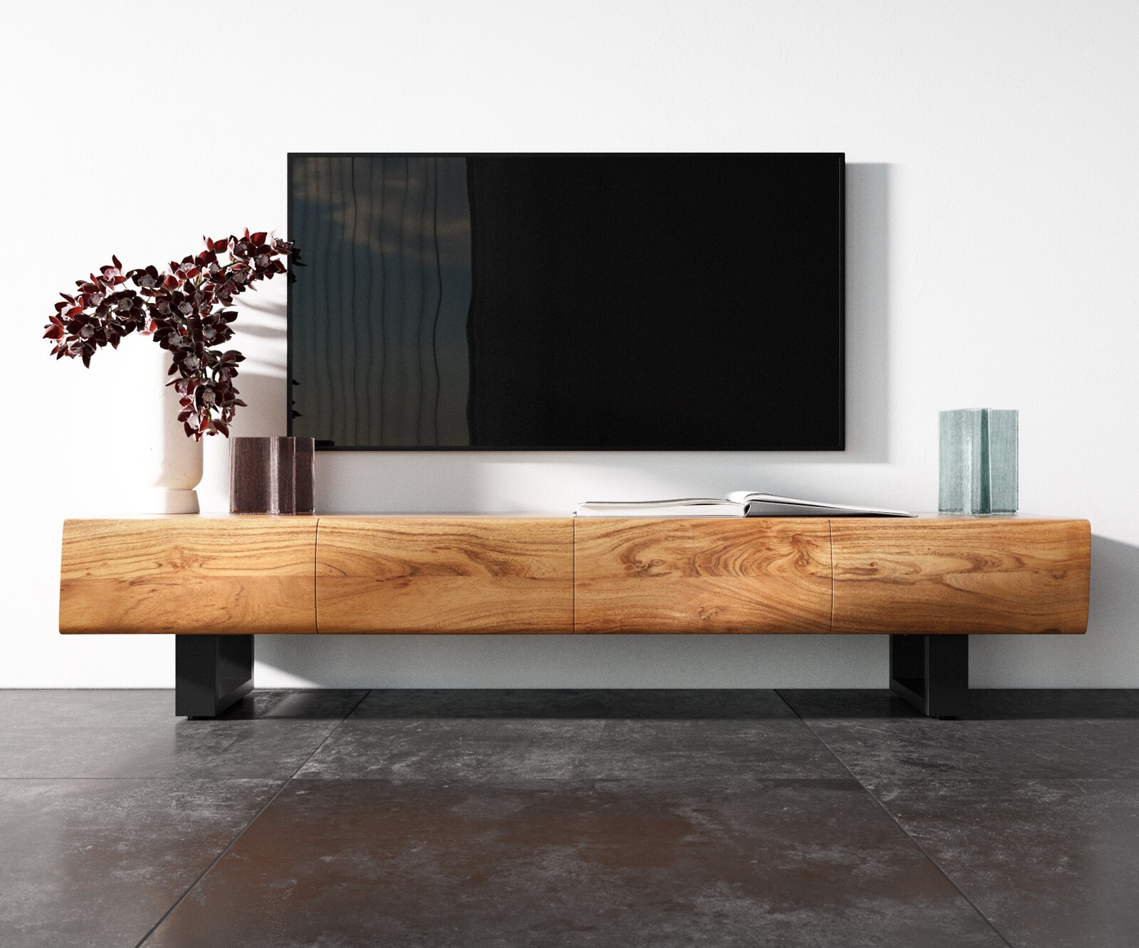 Meuble TV New Live-Edge 175 cm acacia naturel 4 portes patins métal noir  3