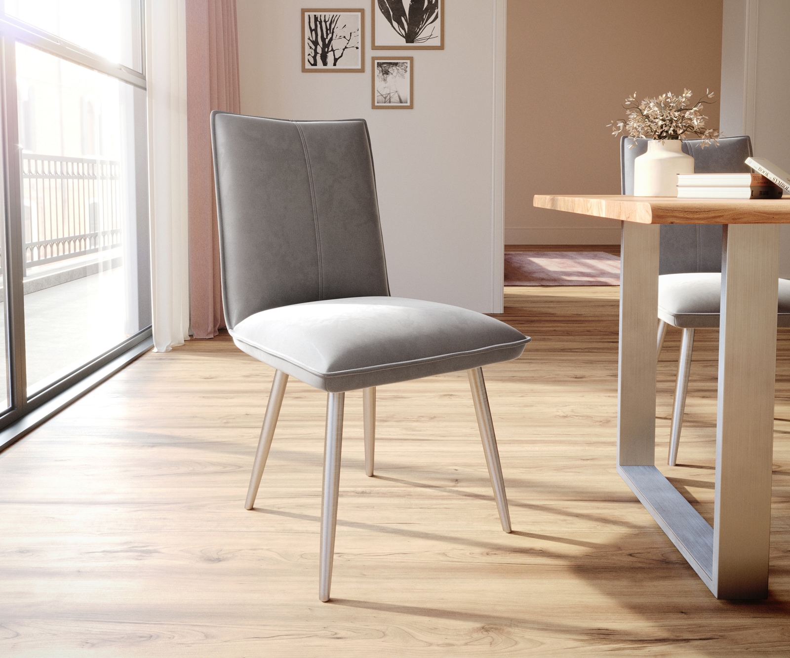 Chaise-de-salle-à-manger Lelio-Flex velours gris 4 pieds coniques acier inoxydable brossé ressorts ensachés Chaise-de-salle-à-manger Lelio-Flex velours gris 4 pieds coniques acier inoxydable brossé ressorts ensachés