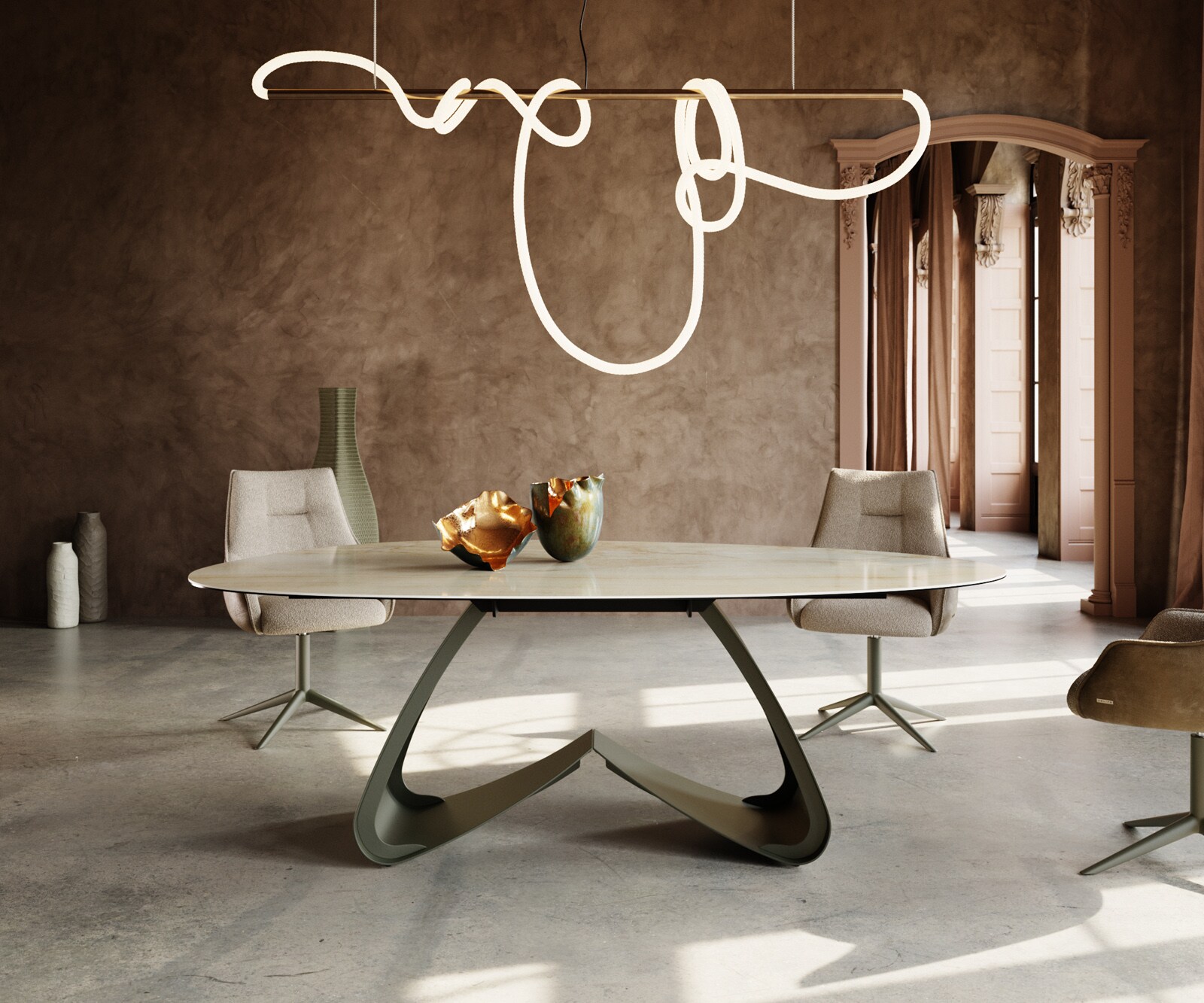 Table à manger Edge ovalee 220x120 céramique Iris FMG Onice Oro cadre en W métal effet finition titanee 2