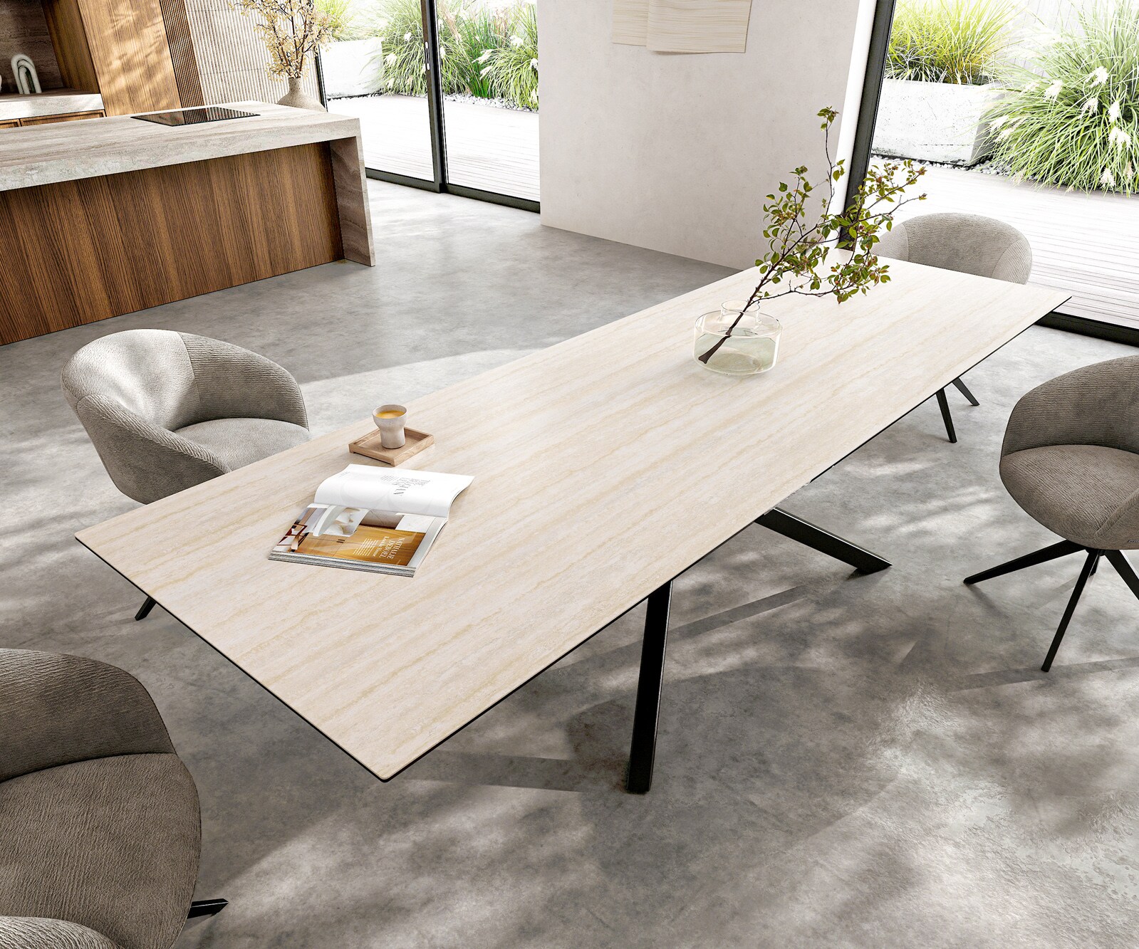 Table à manger Edge 300x100 cm Céramique Laminam®Travertino Bianco Creme-Blanc piètement en croix Rectangle Noir 3