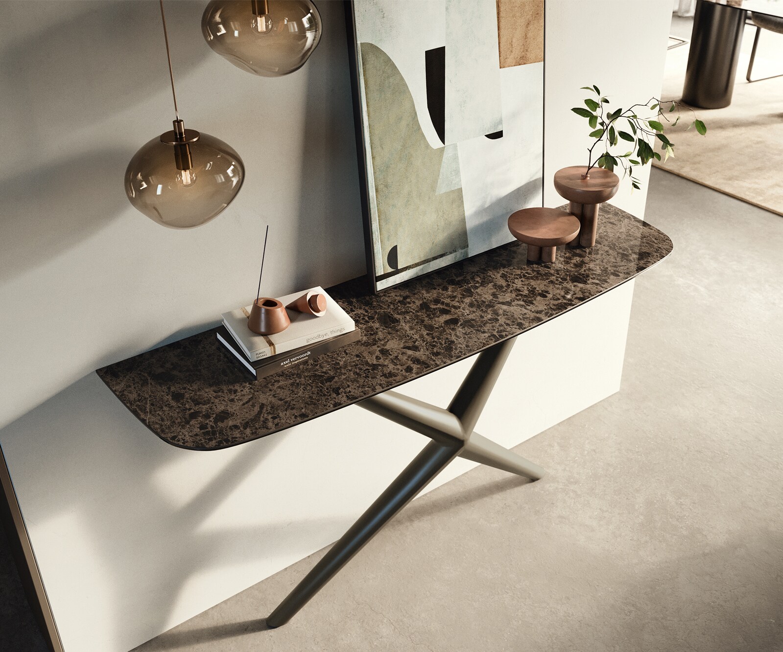 Console Edge forme bateau 140x40 cm Céramique Emperador Extra Lucidato Dunkelbraun Estelo Métal Effektfinish Titan 1