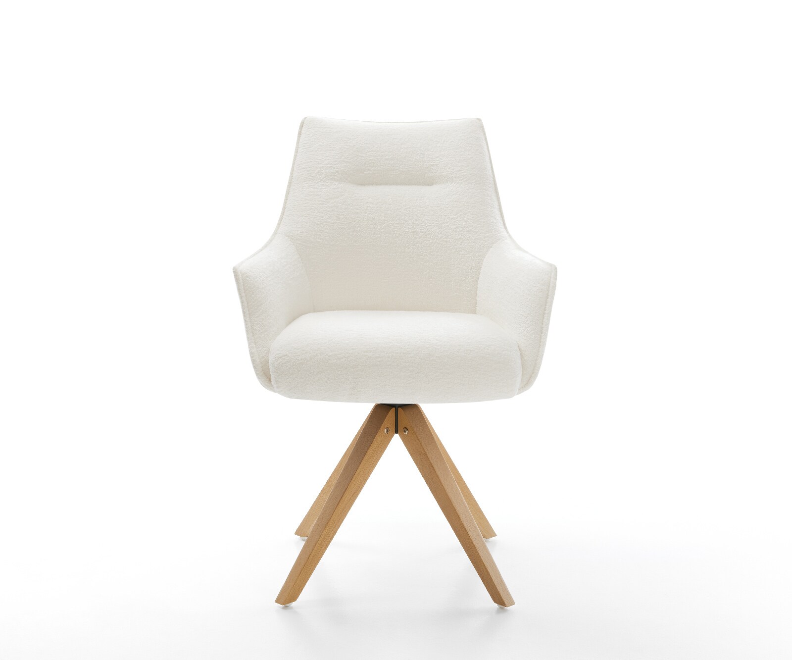 Chaise-pivotante Alja-Flex avec accoudoirs bouclé doux beige pied en bois angulaire naturel pivotement sur 180° resorts ensachés 1