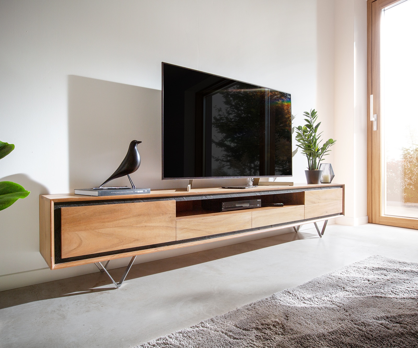 Meuble -TV Stonegrace 240 cm acacia nature 2 portes 1 compartiment 2 tiroirs placage en pierre pieds en V Meuble -TV Stonegrace 240 cm acacia nature 2 portes 1 compartiment 2 tiroirs placage en pierre pieds en V