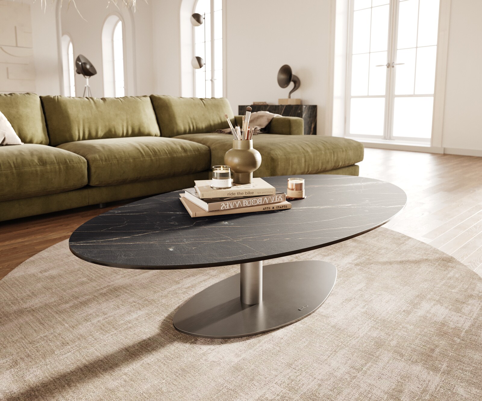 Table basse Edge Oval 140x80 cm céramique Laminam® Noir Desir brun Vibany acier inoxydable brossé 1