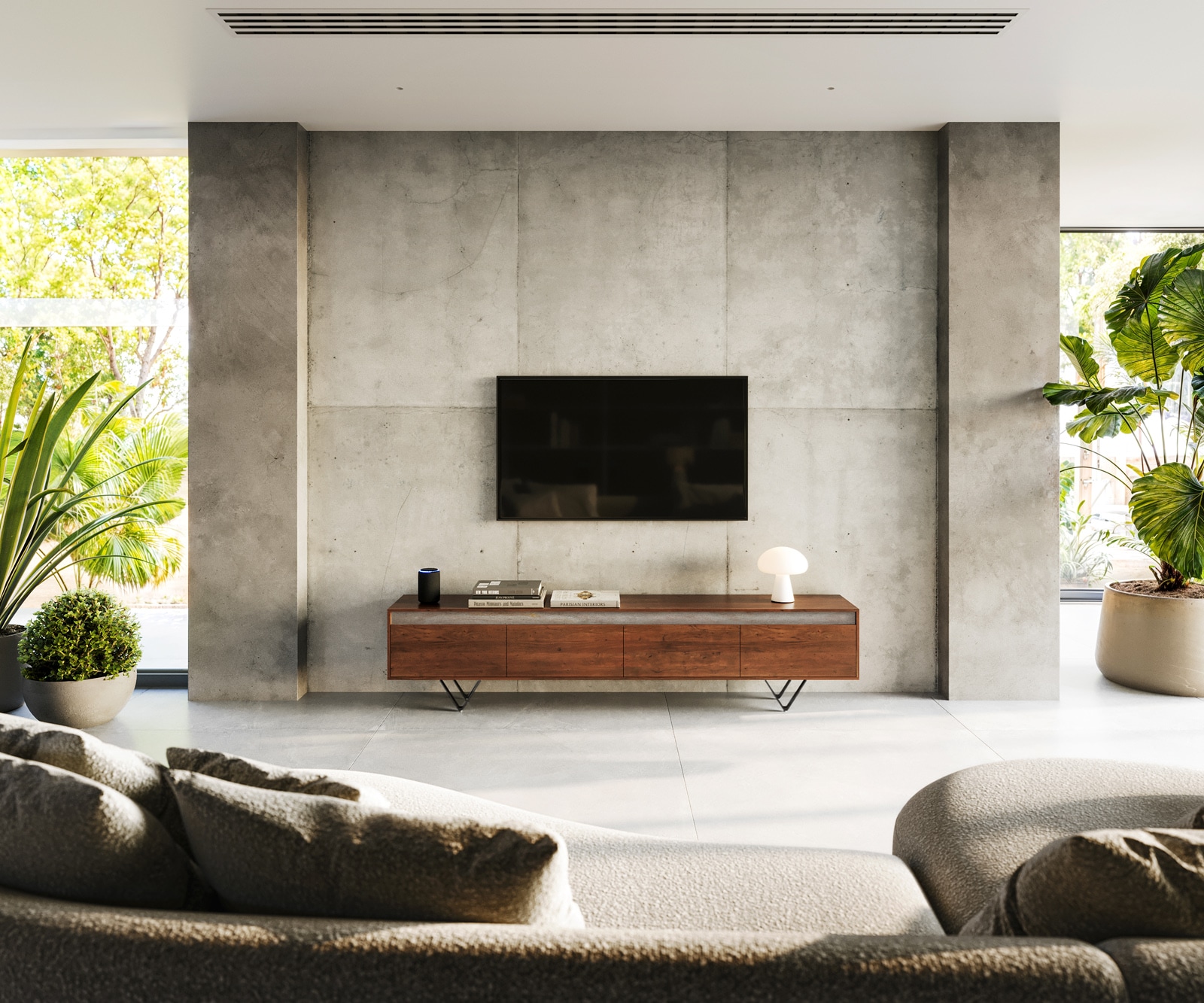 Meuble-TV Stonegrace 200 cm acacia marron ardoise 4 tiroirs pied en V noir 2