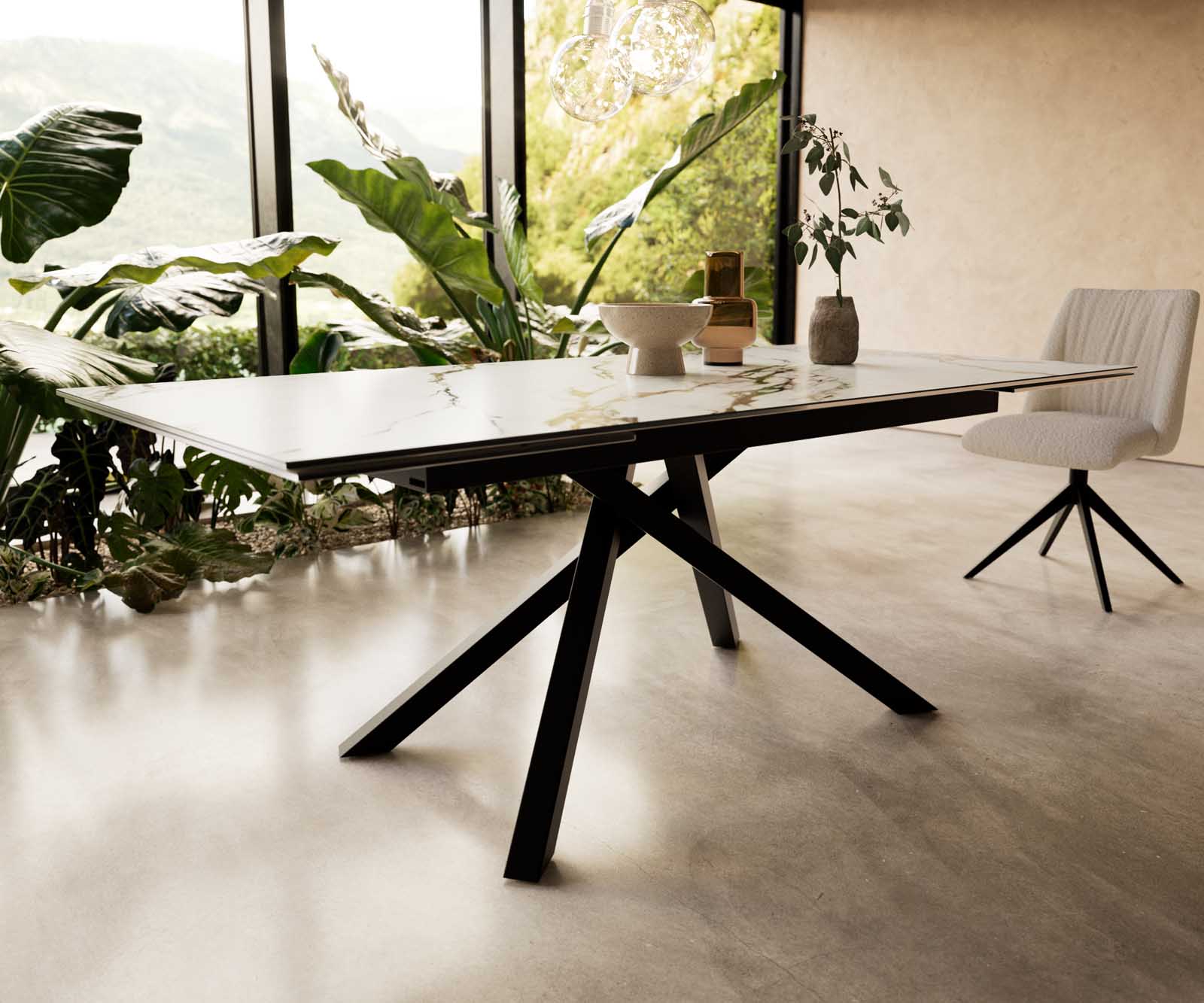 Table à manger Edge 200-300x100 céramique Calacatta Luxe blanc-doré-gris cadre croisé rectangulaire noir extensible 6