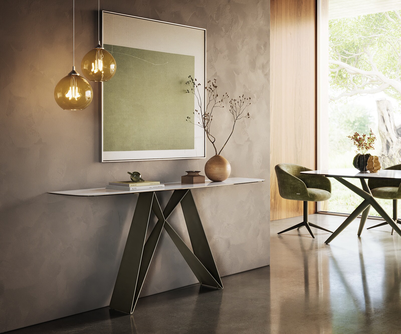 Console Edge forme bateau 180x40 cm Céramique Onyx Pearl Velio Métal Effektfinish Titan 7