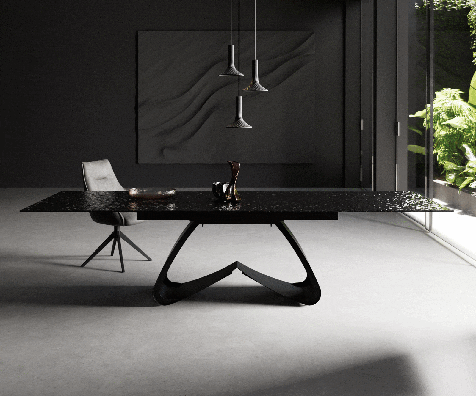 Table à manger Edge 200-300x100 verre fondu noir fumé relief en 3D cadre en W noir extensible 2