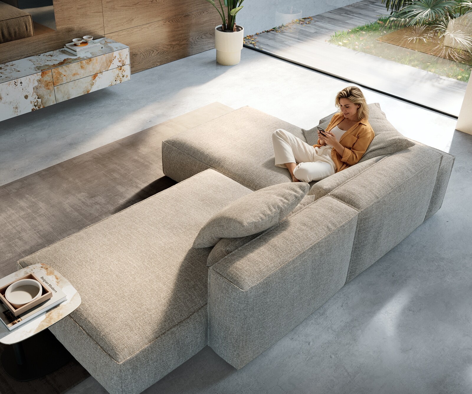 Canapé d'angle Freestyle Cozy 310x200 cm Tissu tissé beige doux 1