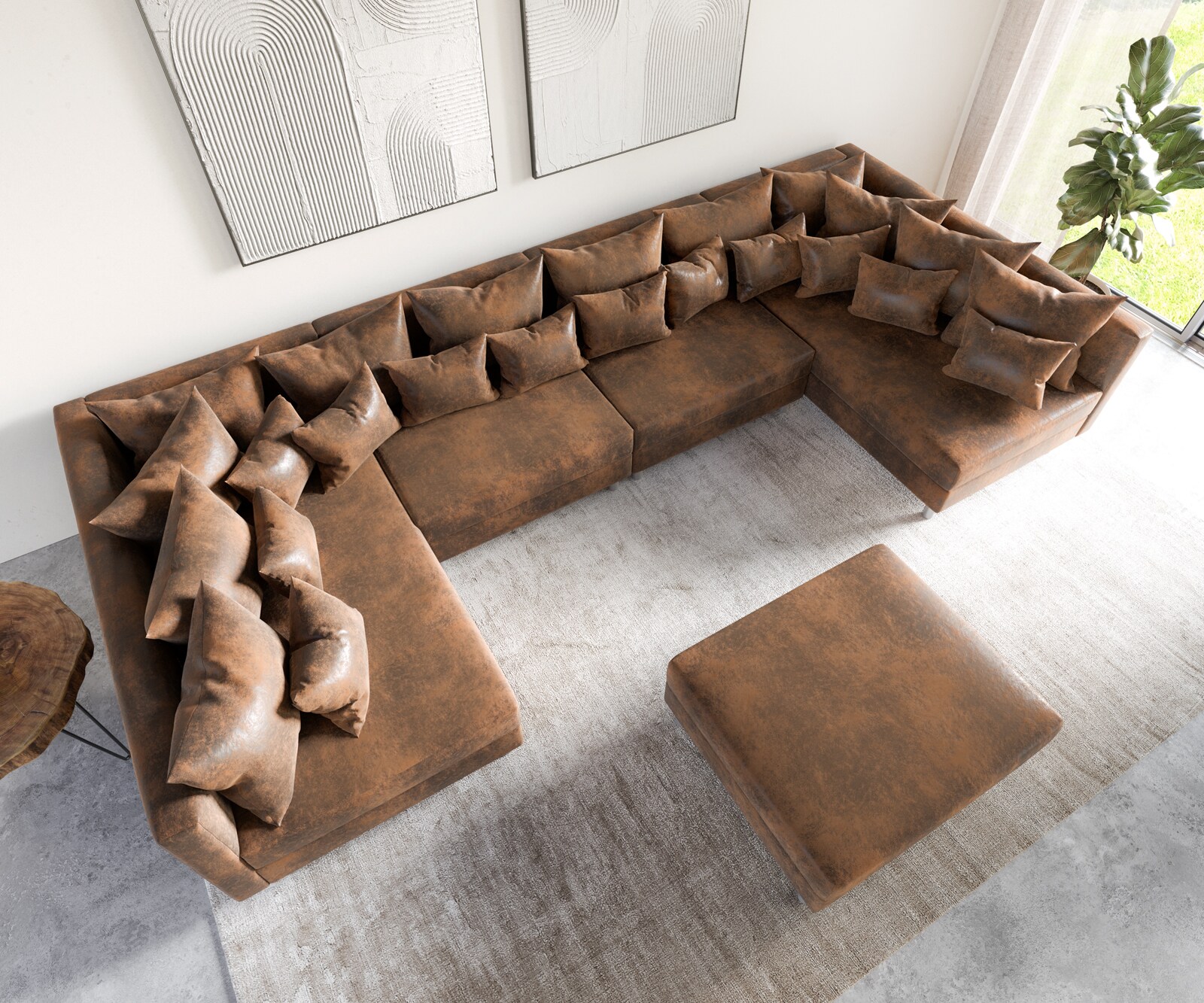 Canapé-panoramique Clovis XL marron look antique tabouret modulaire  3