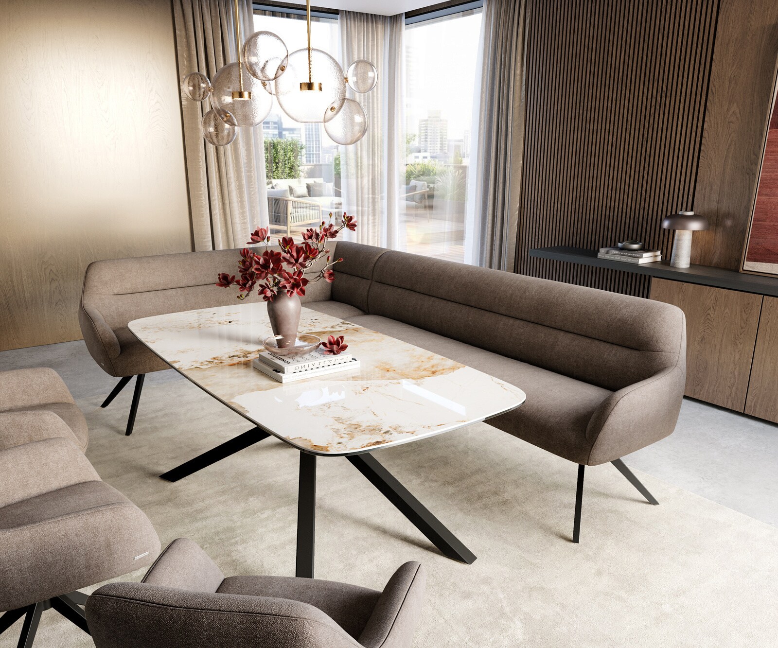 Banc-de-salle-à-manger Taya-Flex 285x190 cm tissu structuré doux taupe pied croisé angulaire noir ressort ensaché à droite