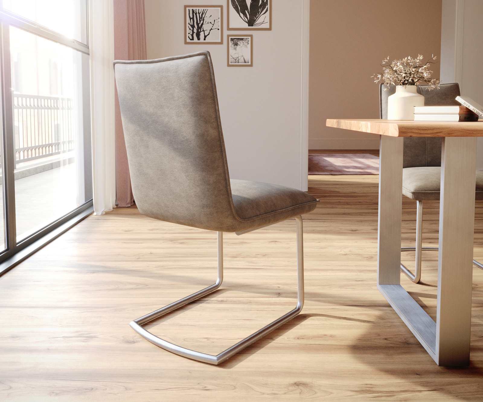 Cantilever Lelio-Flex microvelours taupe vintage pied cantilever rond acier inoxydable brossé ressorts ensachés 4 Cantilever Lelio-Flex microvelours taupe vintage pied cantilever rond acier inoxydable brossé ressorts ensachés 4