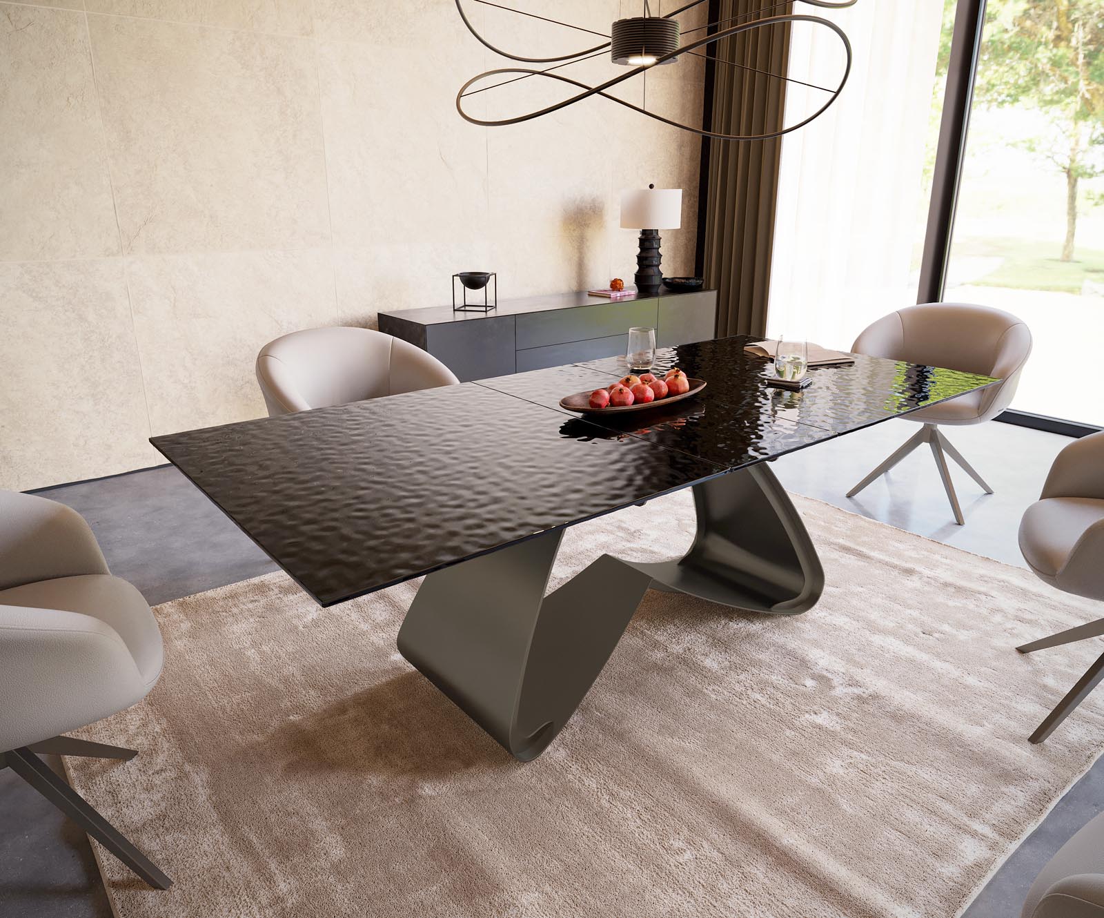 Table à manger Edge 180-220x100 verre fondu noir fumé relief en 3D cadre en W Effektfinish Titan extensible Table à manger Edge 180-220x100 verre fondu noir fumé relief en 3D cadre en W Effektfinish Titan extensible