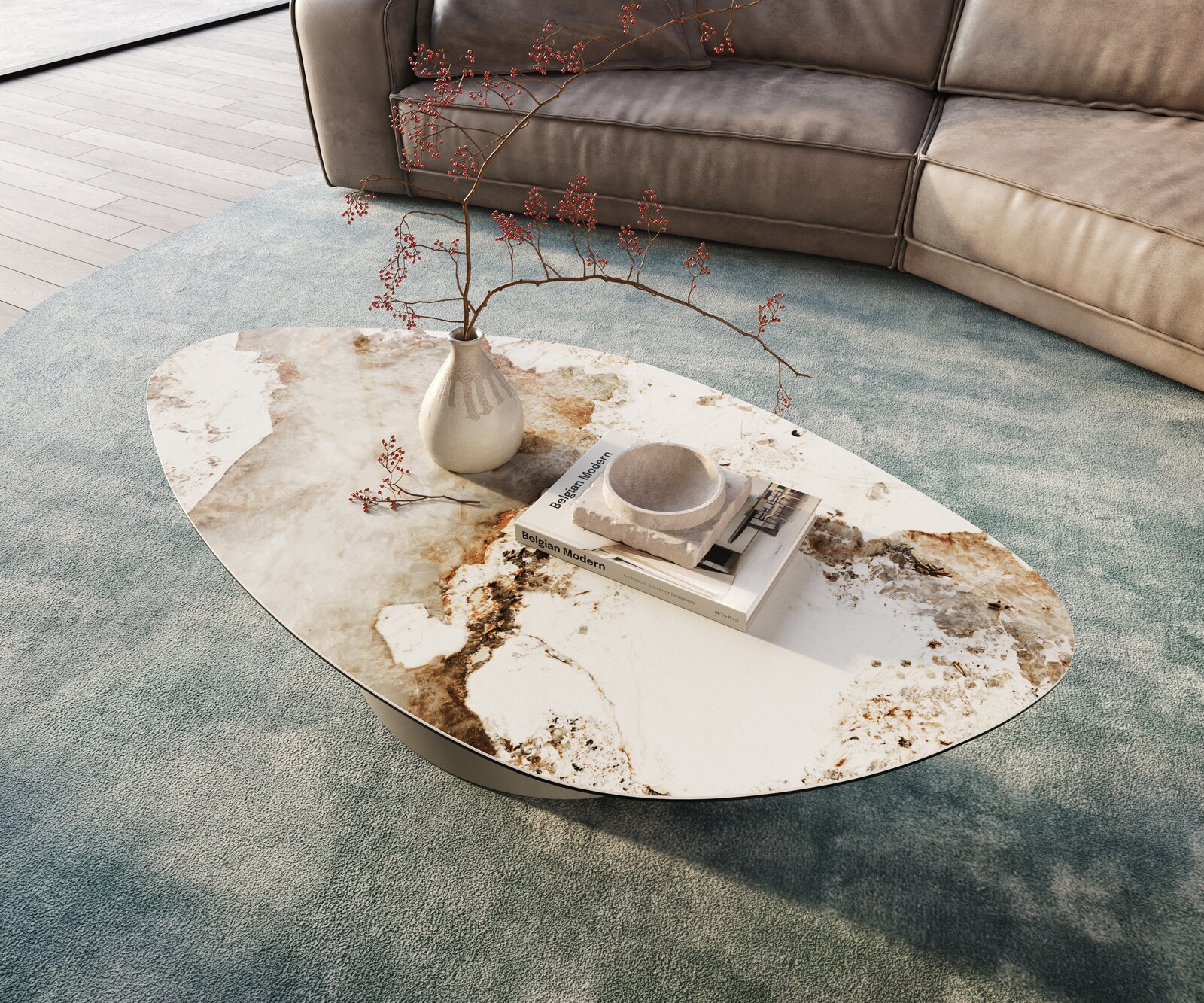 Table basse Edge Organique 140x76 cm céramique Minas Melange Conis Metall finition effet titane 4