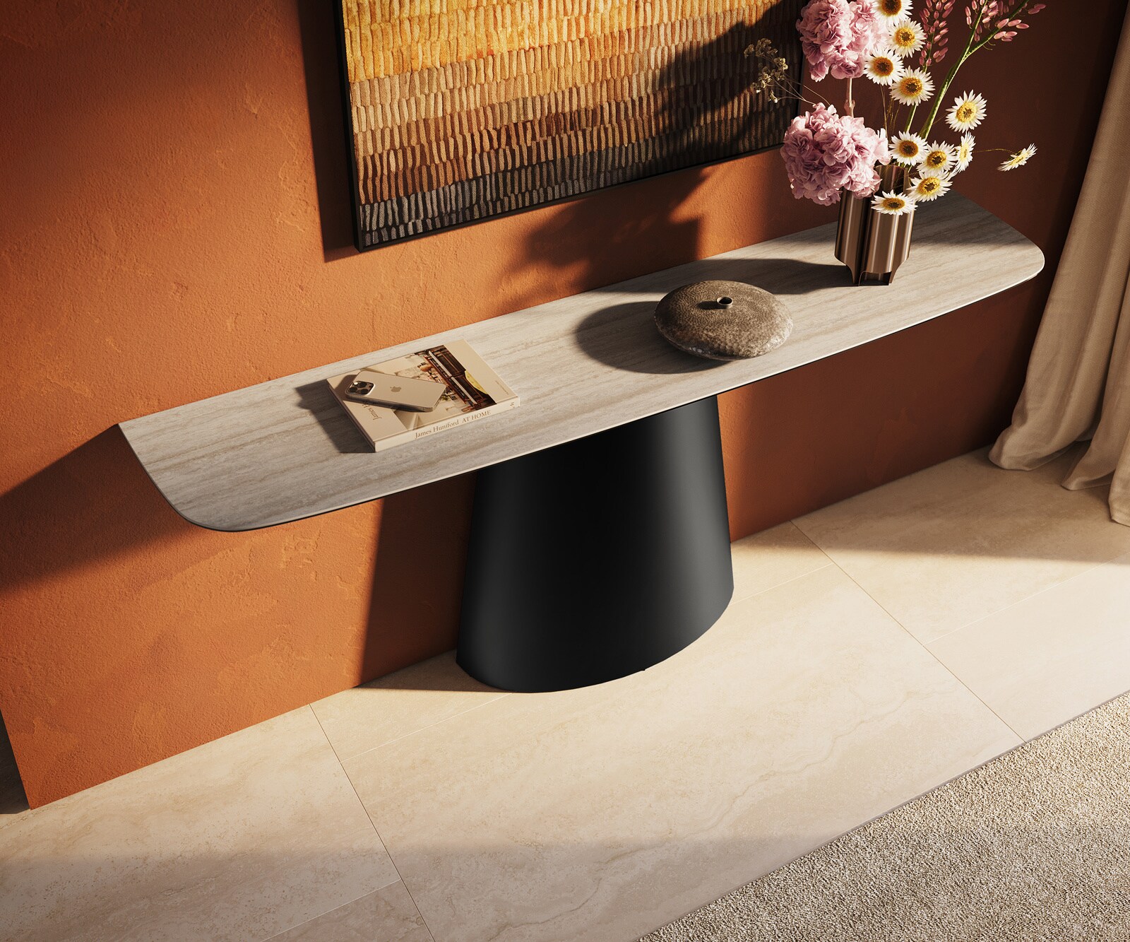 Console Edge forme bateau 180x40 cm Céramique Laminam® Travertino Bianco Creme-Weiß Conos Métal Noir 4