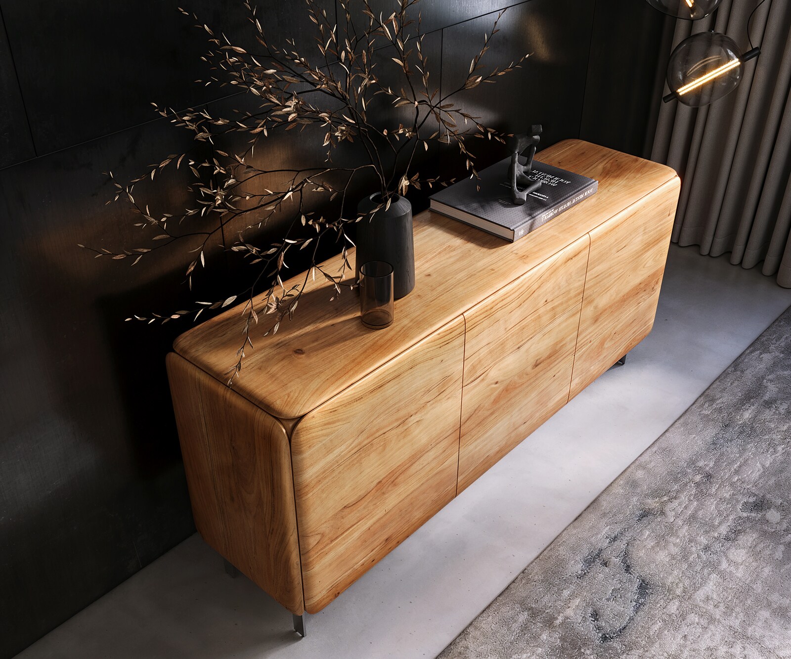 Buffet Shavani 175 cm Acacia naturel 2 portes 3 tiroirs Pieds en L Acier inoxydable argenté 3