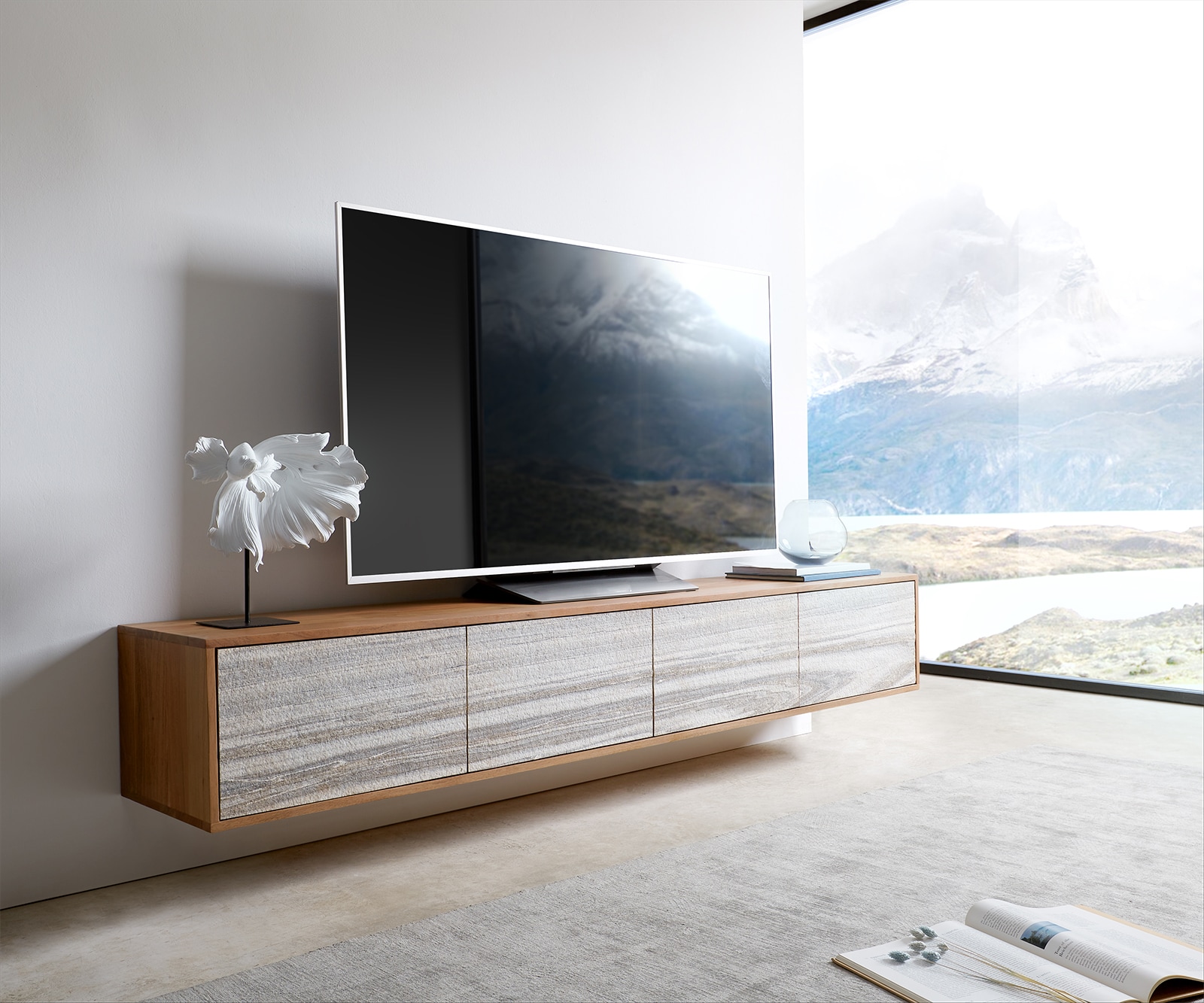 Meuble-TV Kleo 200 cm acacia naturel 4 portes flottantes 1