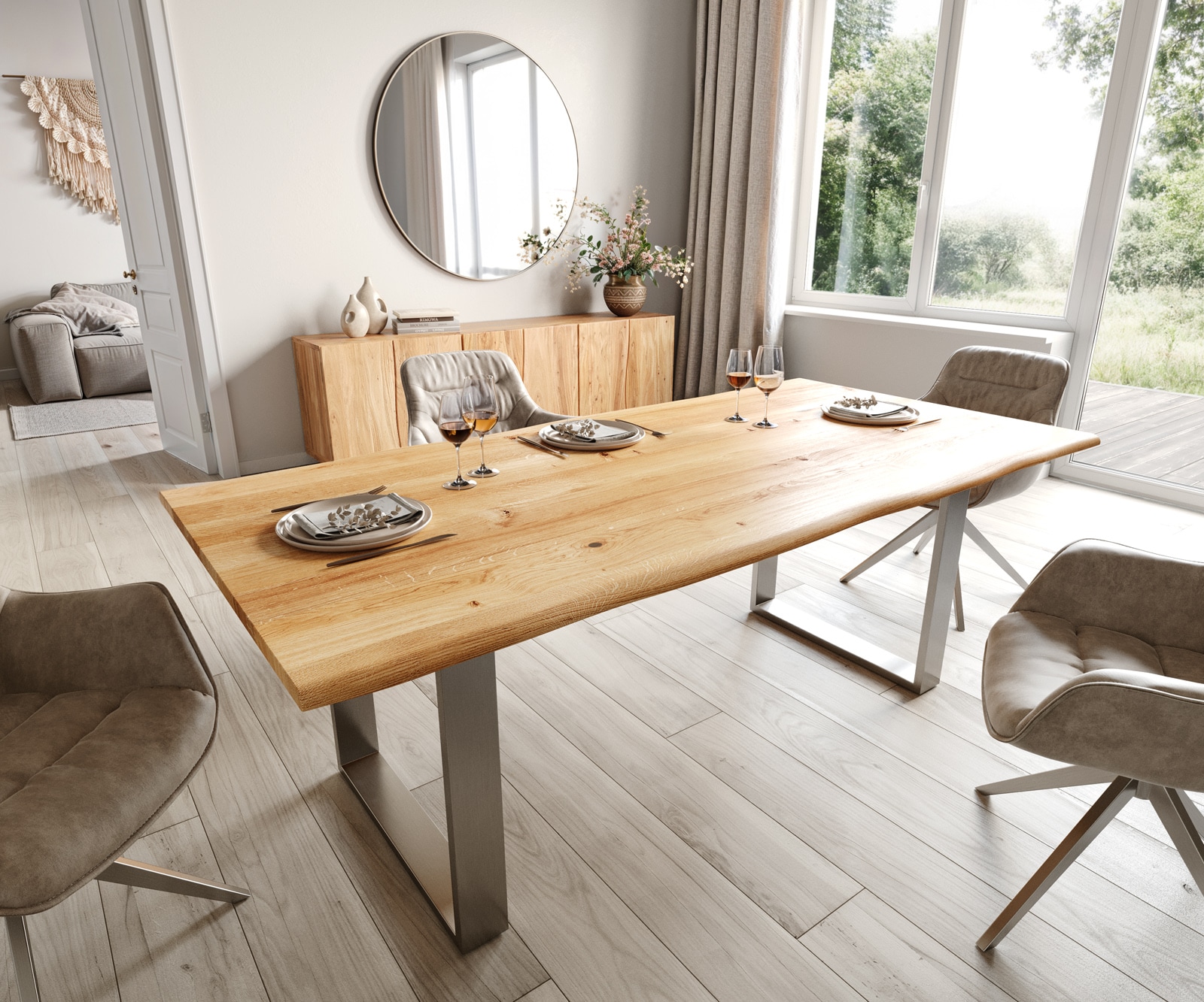 Table-à-manger Edge 200x100x2,5-3 chêne nature acier inoxydable mince Live-Edge