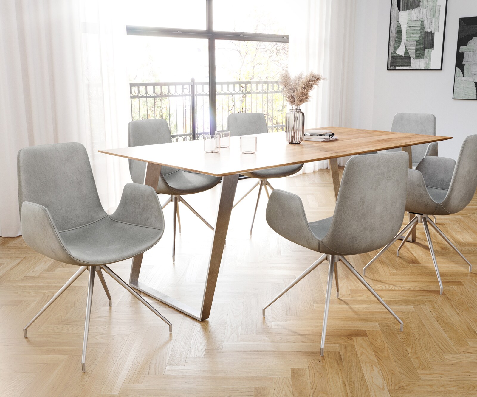 Chaise-de-salle-à-manger Ilia-Flex avec accoudoirs velours gris pied croisé conique acier inoxydable brossé 3 Chaise-de-salle-à-manger Ilia-Flex avec accoudoirs velours gris pied croisé conique acier inoxydable brossé 3