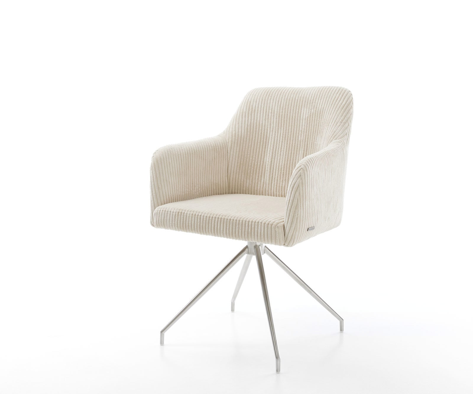 Chaise-de-salle-à-manger Greg-Flex côtelé beige vintage pied croisé conique acier inoxydable brossé ressorts ensachés Chaise-de-salle-à-manger Greg-Flex côtelé beige vintage pied croisé conique acier inoxydable brossé ressorts ensachés