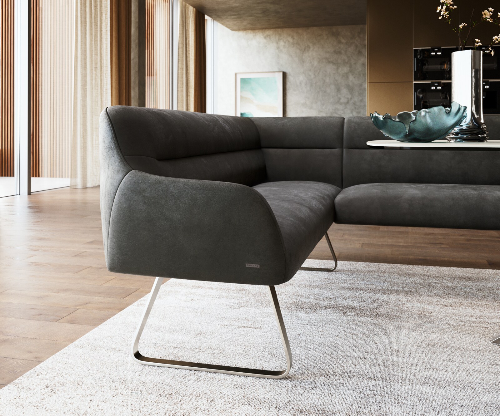 Banc-de-salle-à-manger Taya-Flex 285x190 cm microfibre antracite vintage châssis à patins plat acier inoxydable ressort ensaché à droite 5