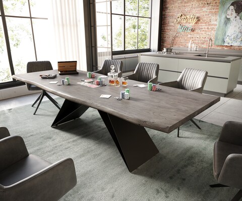 Table à manger Edge 260x100 acacia platine cadre en V acier plat noir Live-Edge