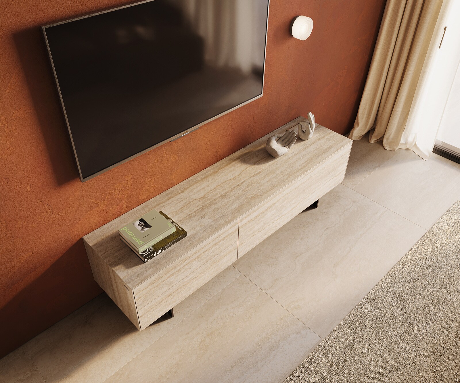 Meuble-TV Cuor 180 cm Céramique Laminam® Travertino Bianco Crème-blanc 1 Clapet 2 Tiroirs Pied optique flottant Métal Noir 4