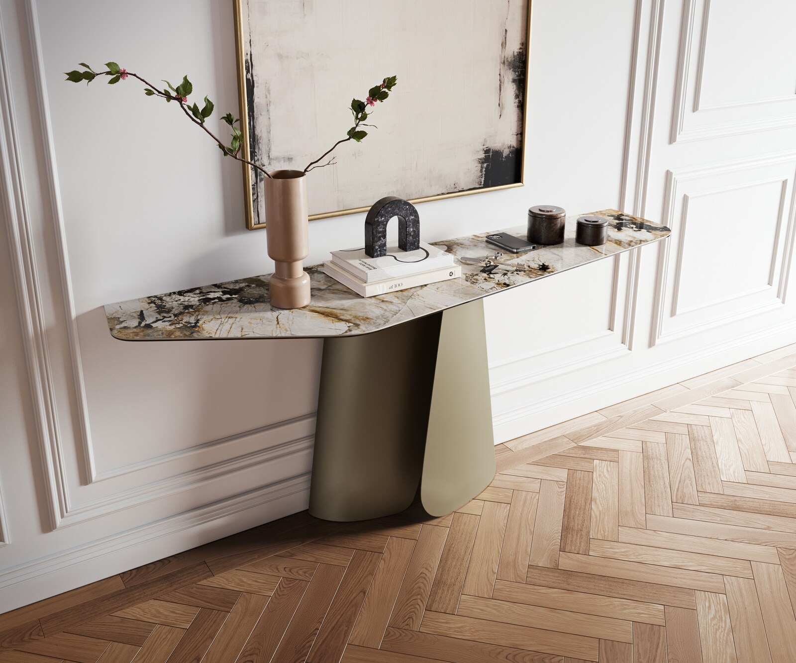 Console Edge Polygonal 180x50 cm Céramique Patagonia Poliert Livos Métal Effektfinish Titan 1