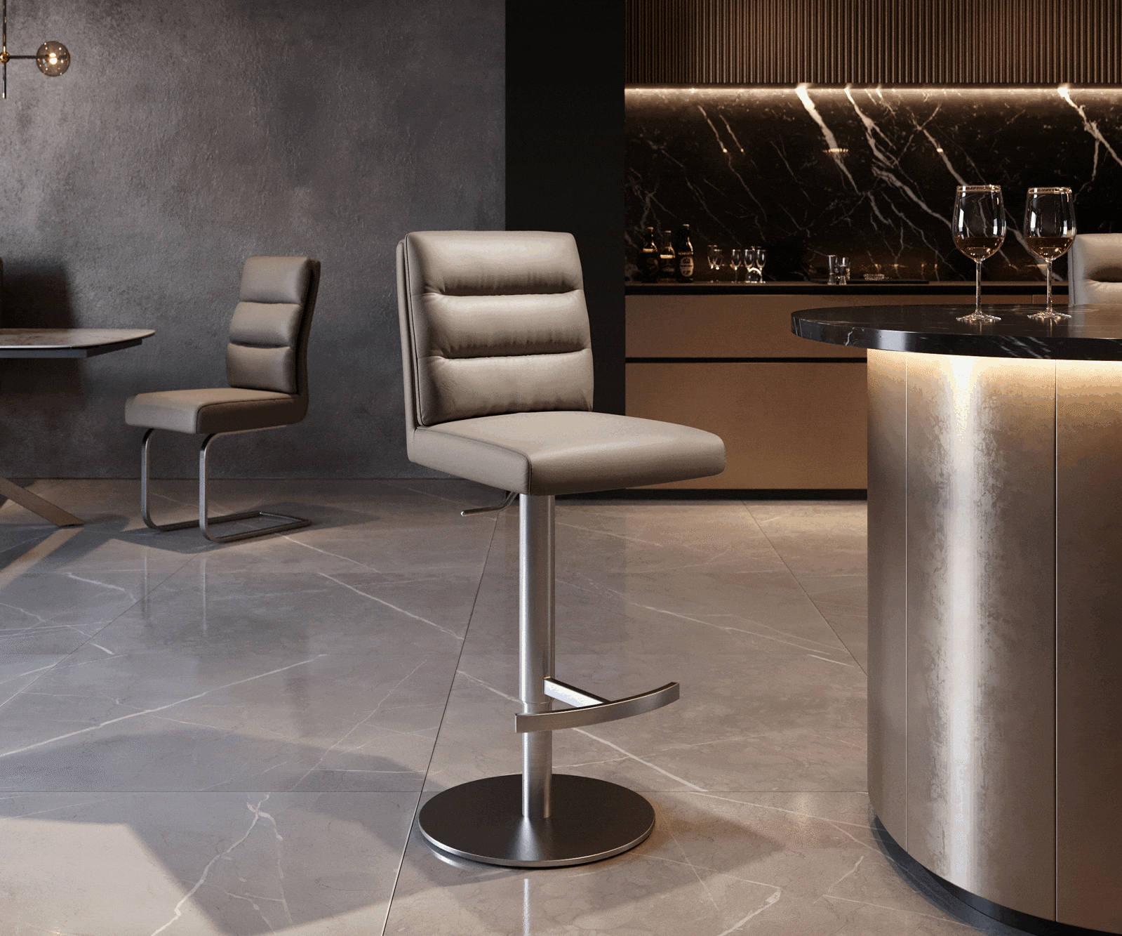 Chaise-de-bar Pela-Flex cuir véritable boue pied pivotant réglable en hauteur acier inoxydable pivotant ressorts ensachés 6