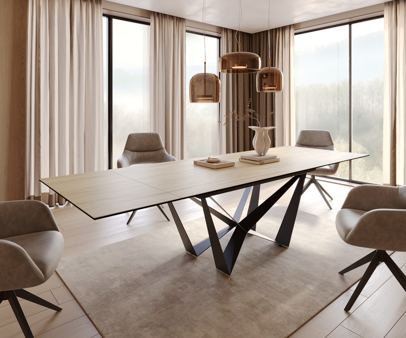 Table à manger Edge 200-300x100 céramique Laminam® Sabbia couleur chêne Spider acier plat noir extensible 8