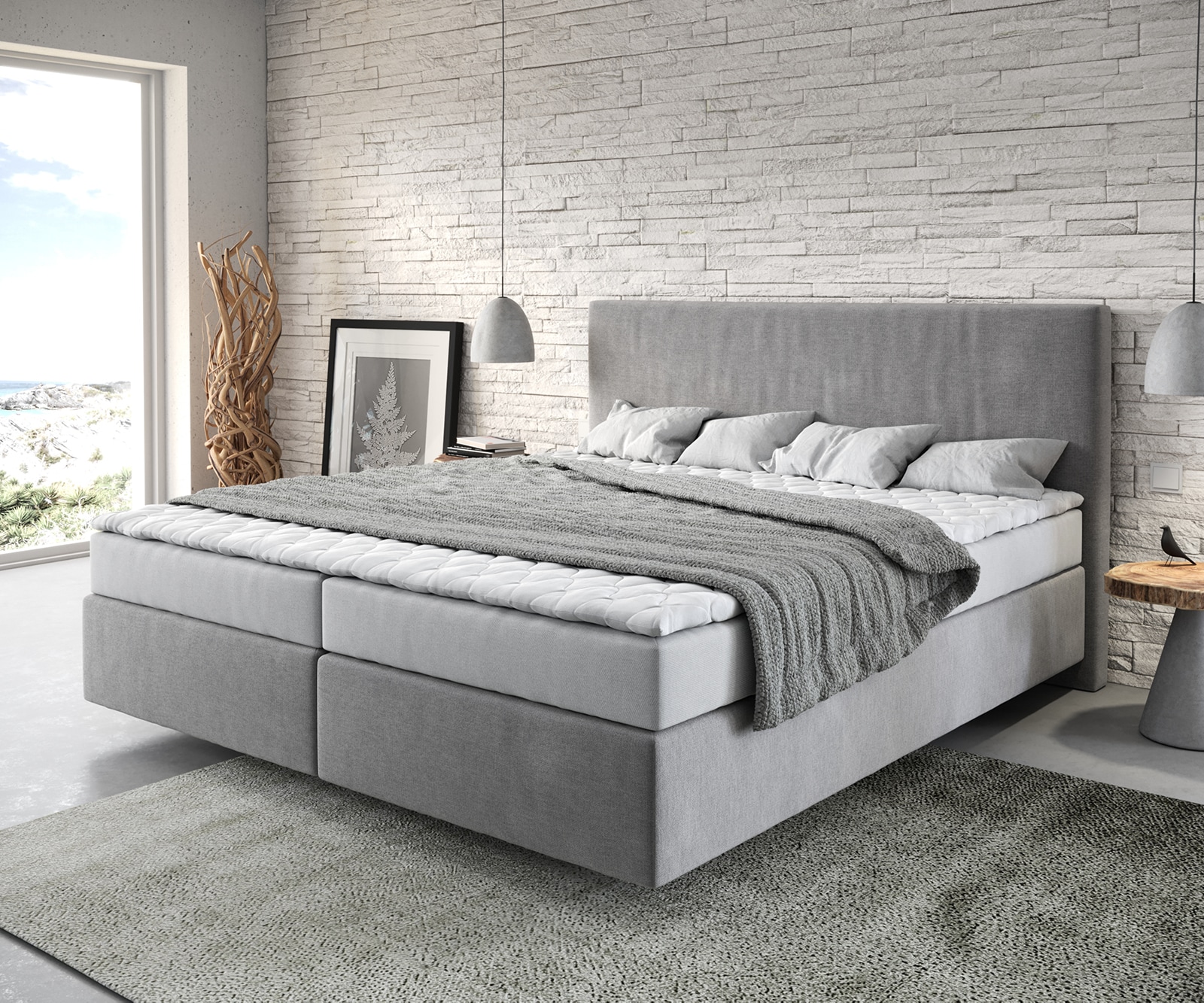 Lit-à-sommier-tapissier Dream-Well 180x200 cm gris avec matelas et surmatelas Lit-à-sommier-tapissier Dream-Well 180x200 cm gris avec matelas et surmatelas