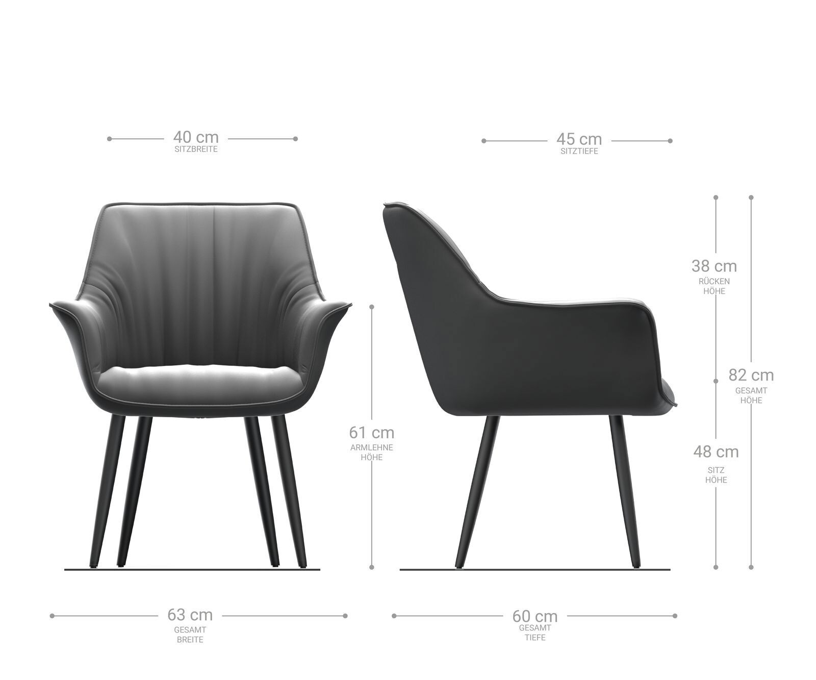 Chaise-de-salle-à-manger Keila-Flex avec accoudoirs microvelours anthracite vintage 4 pieds coniques acier inoxydable brossé 6