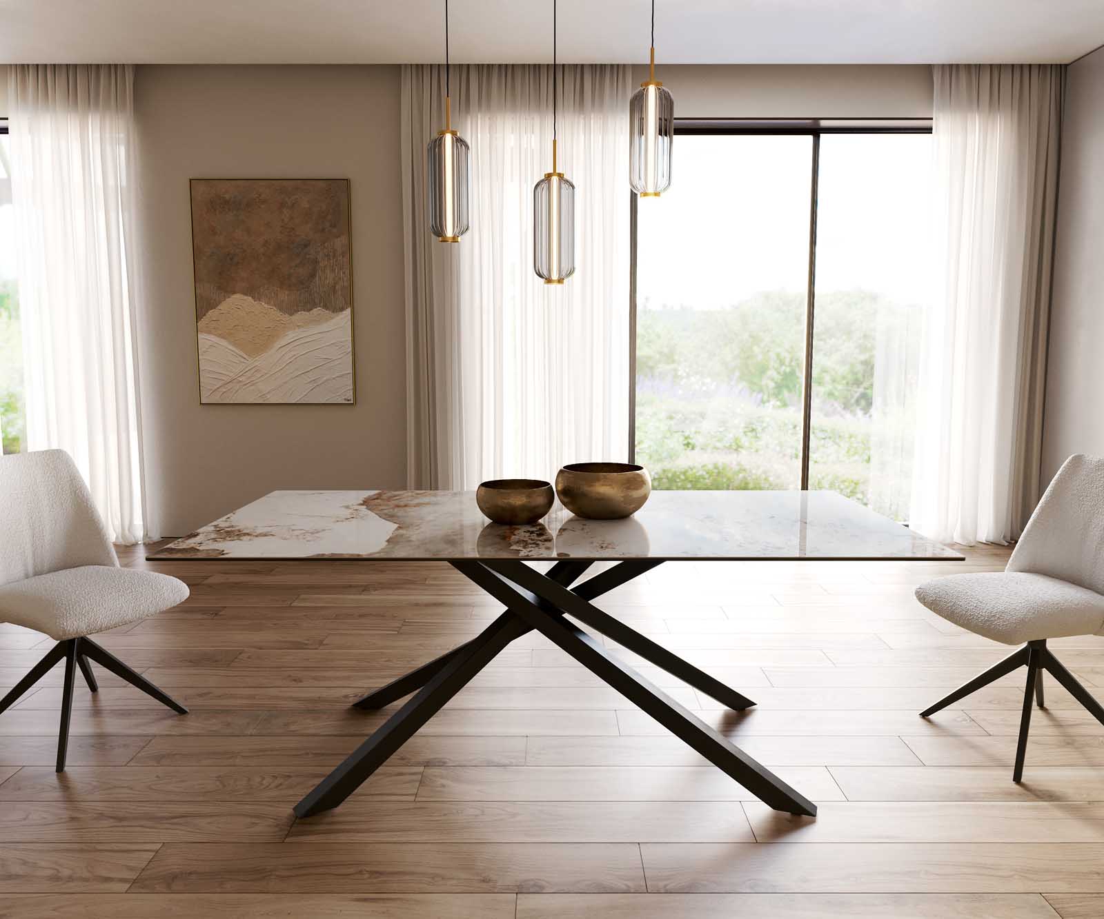 Table à manger Edge 200x100 céramique Minas mélange blanc-beige cadre croisé rectangulaire noir 1 Table à manger Edge 200x100 céramique Minas mélange blanc-beige cadre croisé rectangulaire noir 1