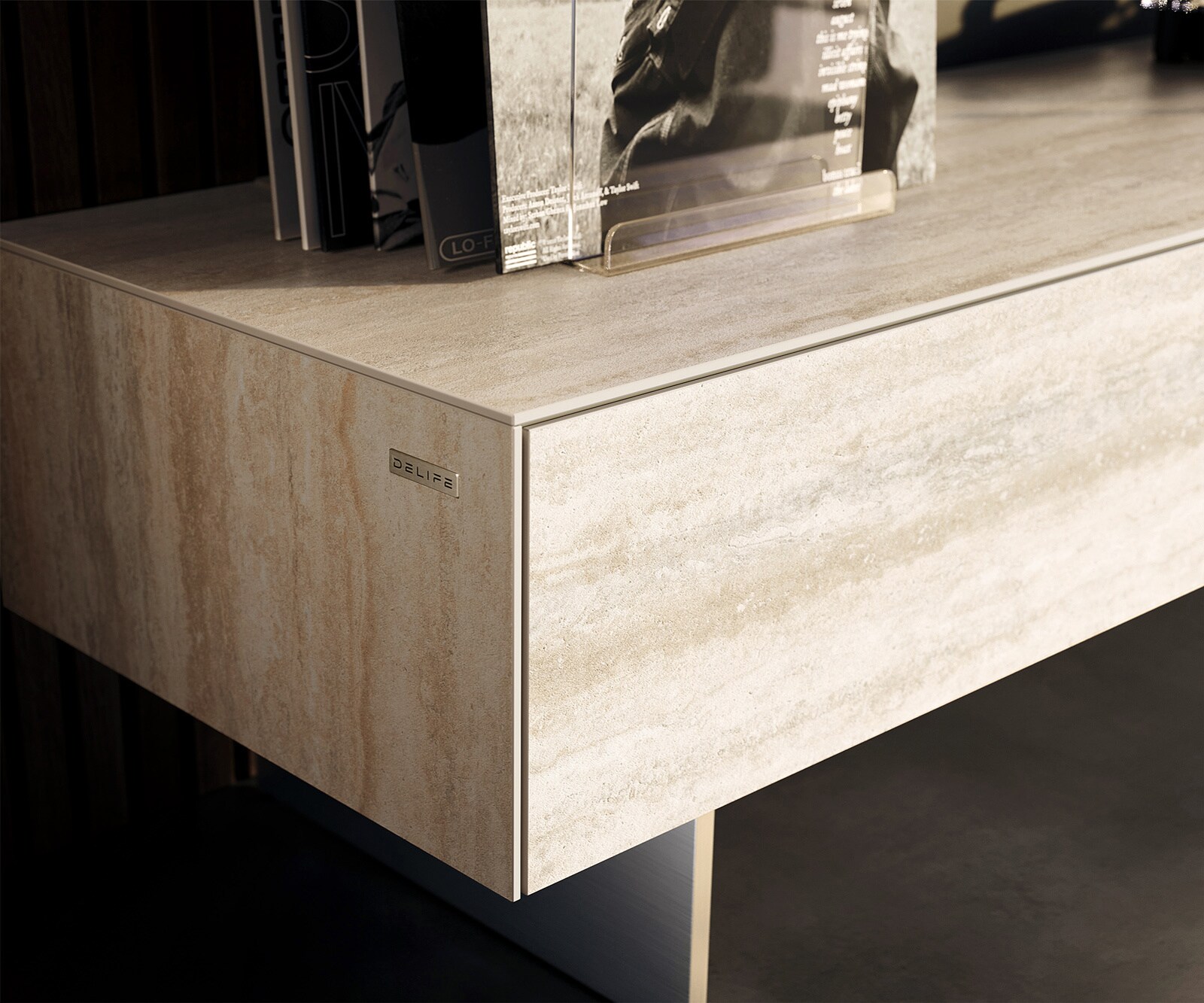 Meuble-TV Cuor 150 cm Céramique Laminam® Travertino Bianco Crème-blanc 1 Clapet 1 Tiroir Pied optique flottant Ancier inoxydable 5
