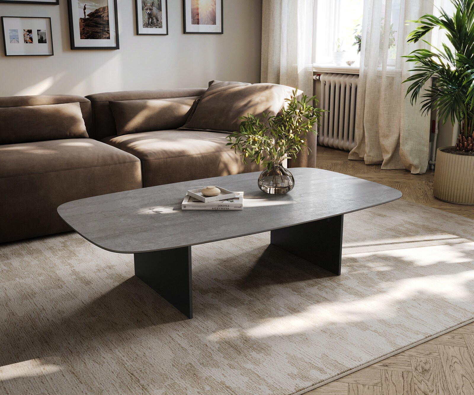 Table basse Edge forme bateau 140x80 cm céramique béton gris Salto métal noir