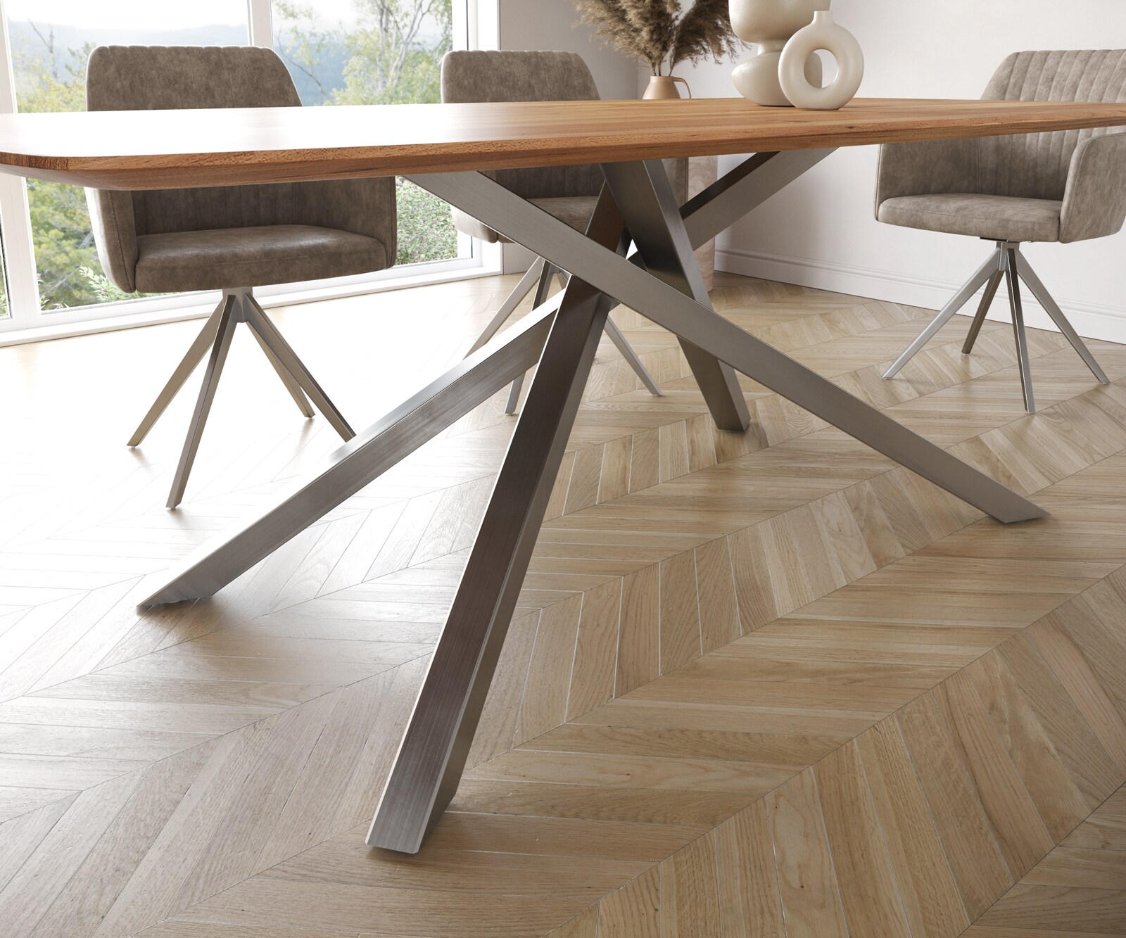 Table à manger Edge Boot 200x100 acacia nature cadre croisé rectangle acier inoxydable bord suisse 5