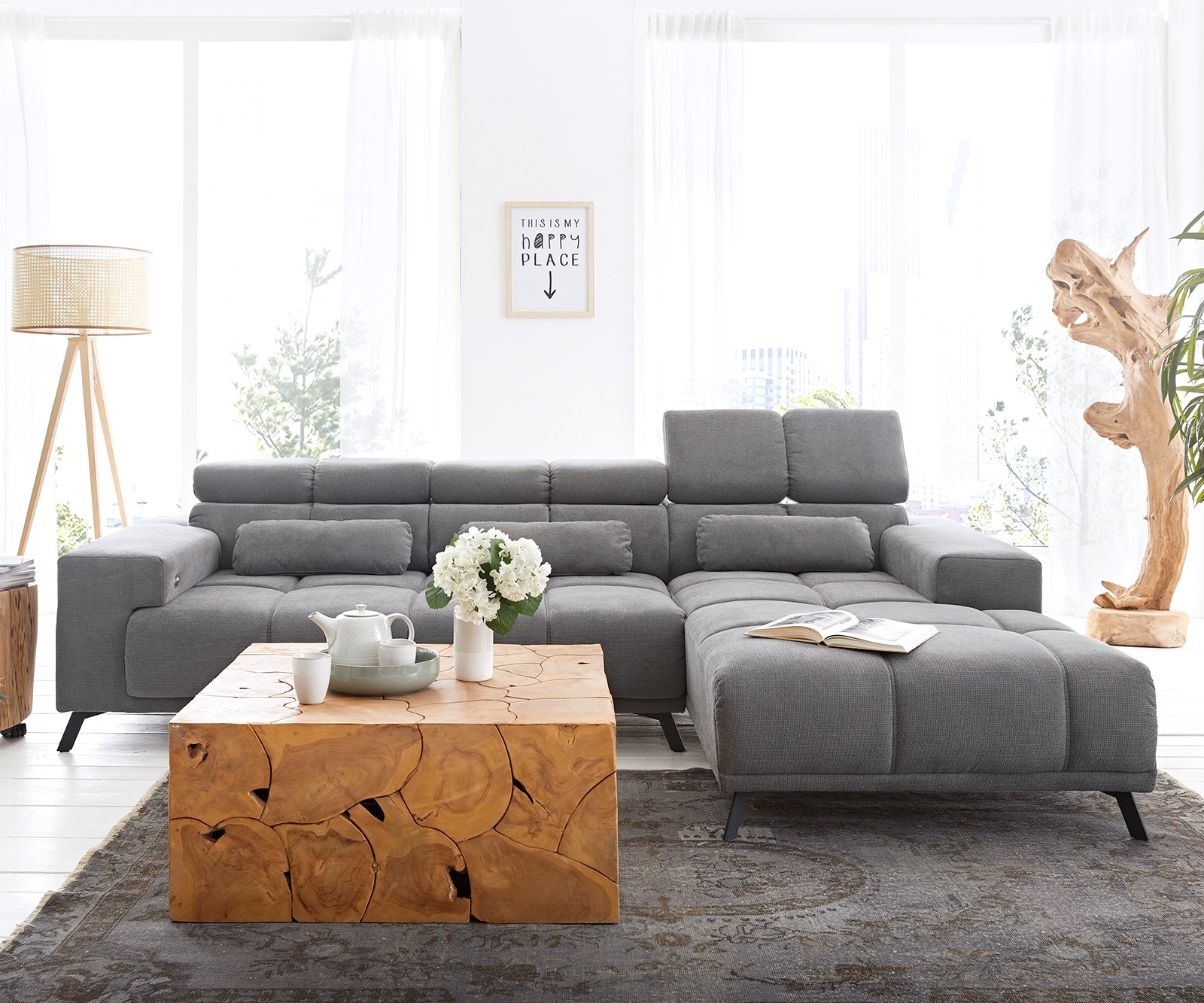 Canapé-d'angle Ordino 285x200 microfibre gris ottomane droite réglage électrique de la profondeur d'assise 2