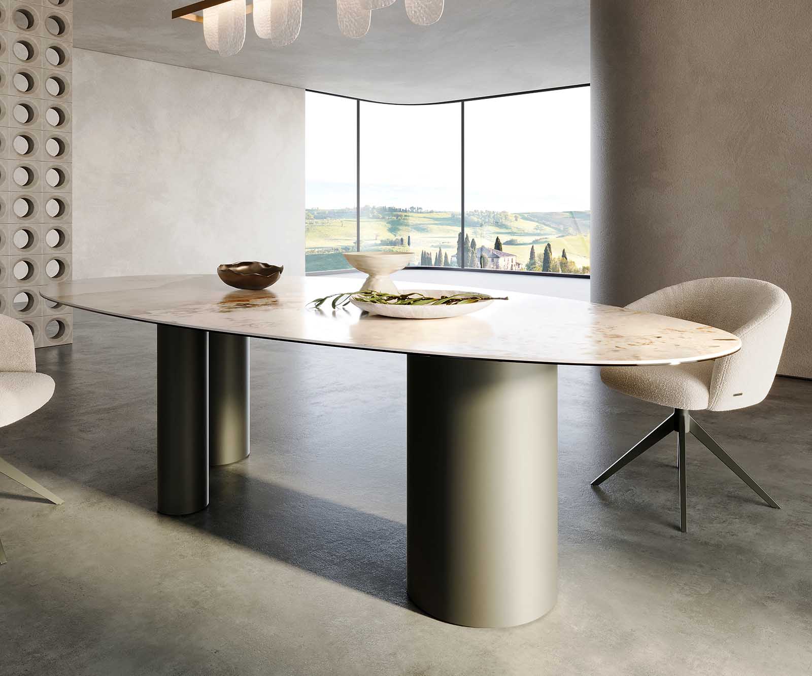 Table à manger Edge Oval 280x130 Céramique Minas Melange Blanc-Beige Troa Métal Effet Titane 5