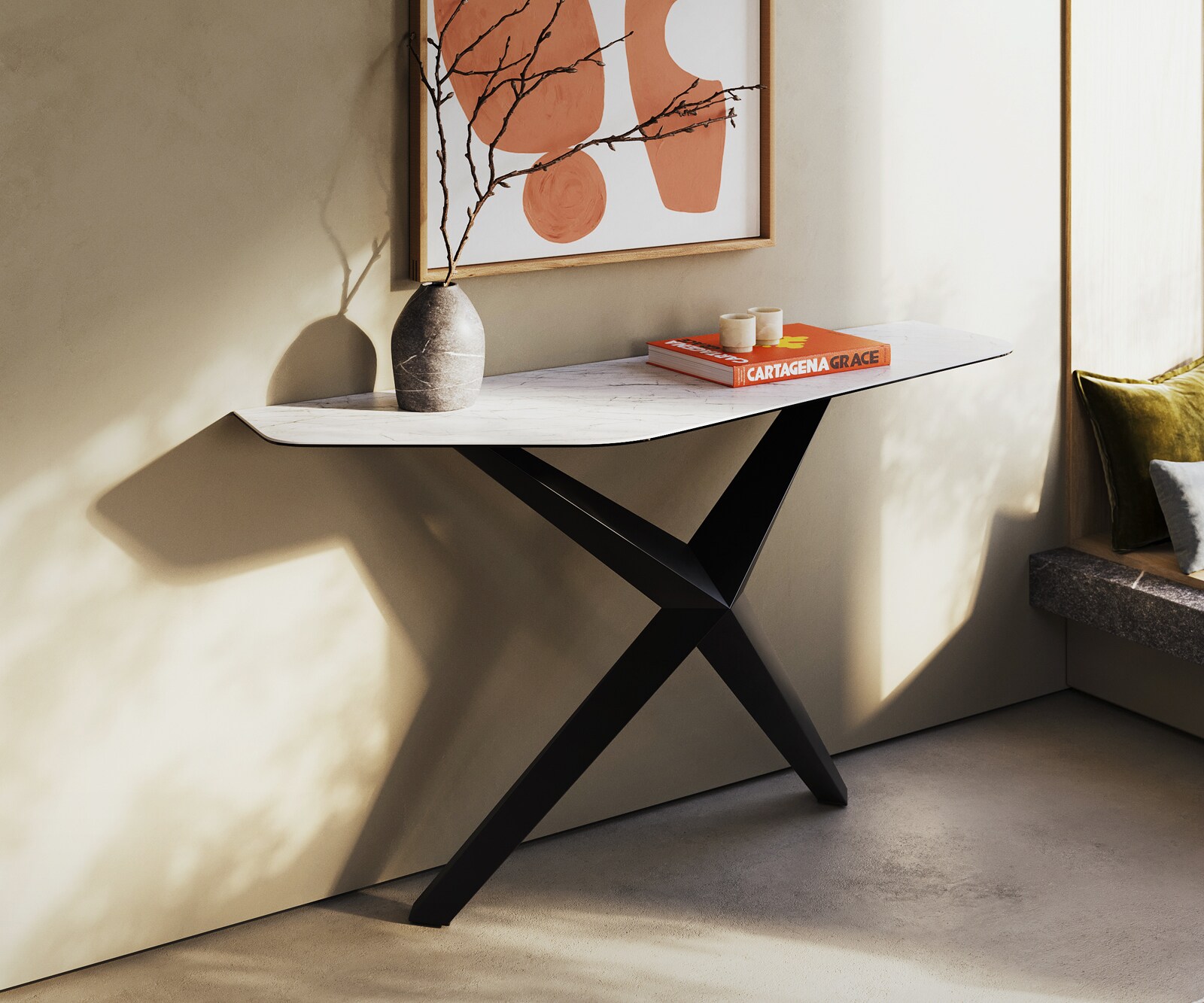Console Edge Polygonal 140x50 cm Céramique Laminam® Statuarietto Weiß Zentharo Métal Noir 4