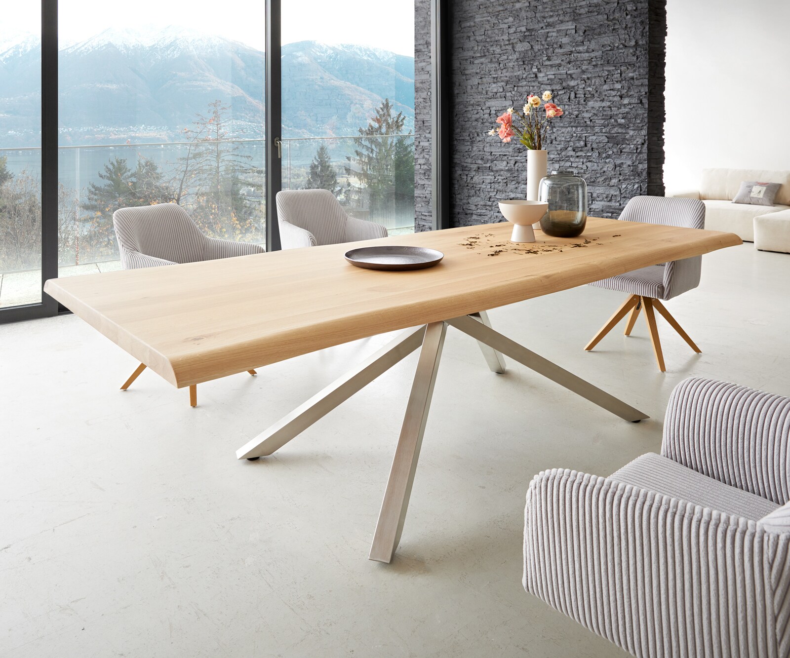 Table à manger Edge 260x100 chêne nature cadre croisé rectangle acier inoxydable Live-Edge