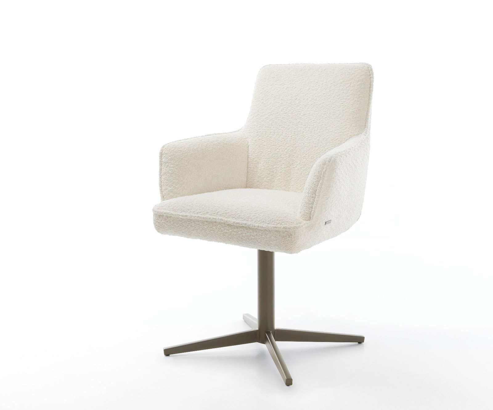 Chaise-pivotante Heira-Flex avec accoudoirs bouclé blanc pied de chaise 4 branches aspect titane pivotement sur 360° ressorts ensachés