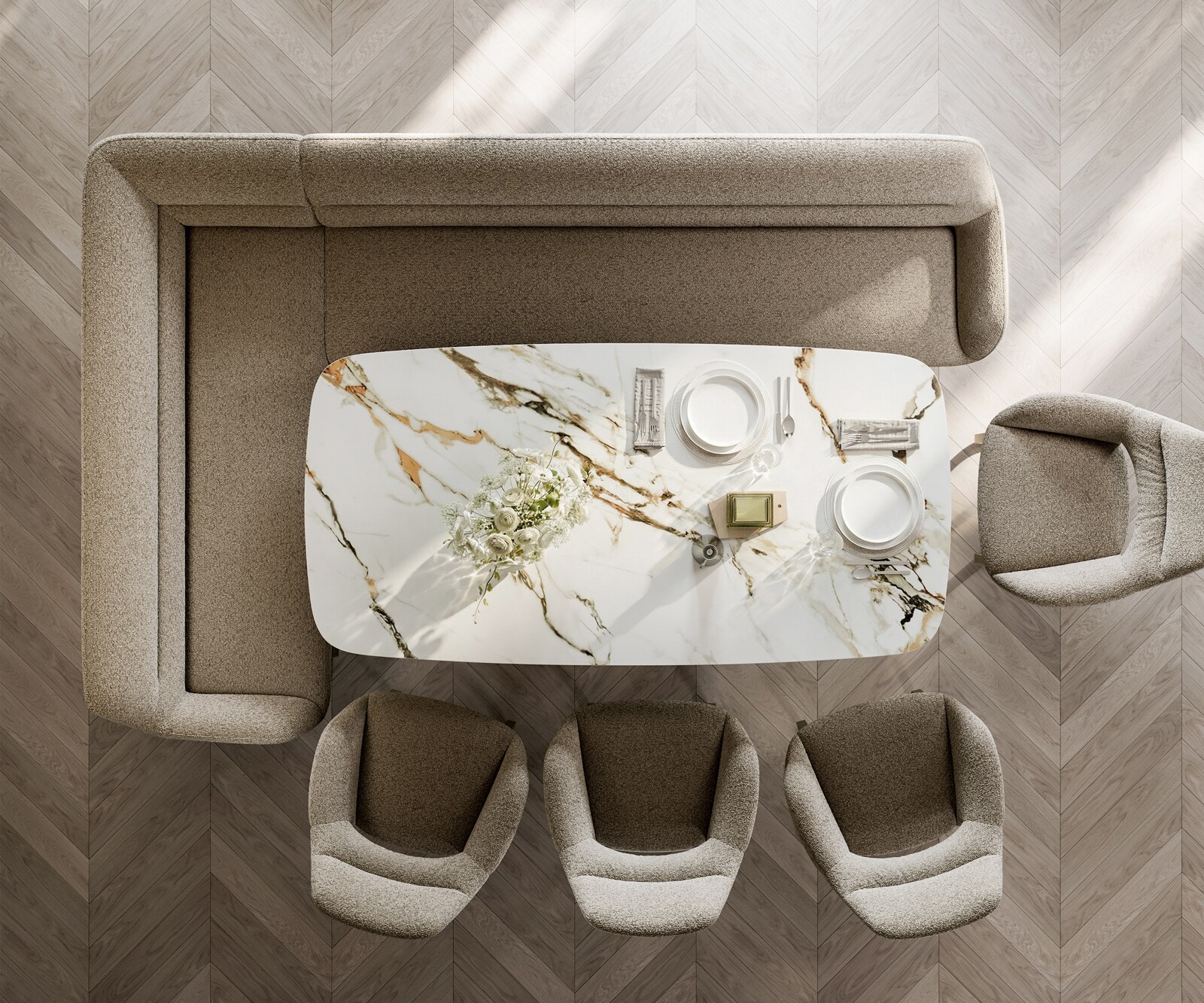 Banc-de-salle-à-manger Taya-Flex 285x190 cm bouclé boue châssis à patins plat titane ressort ensaché à droite 6