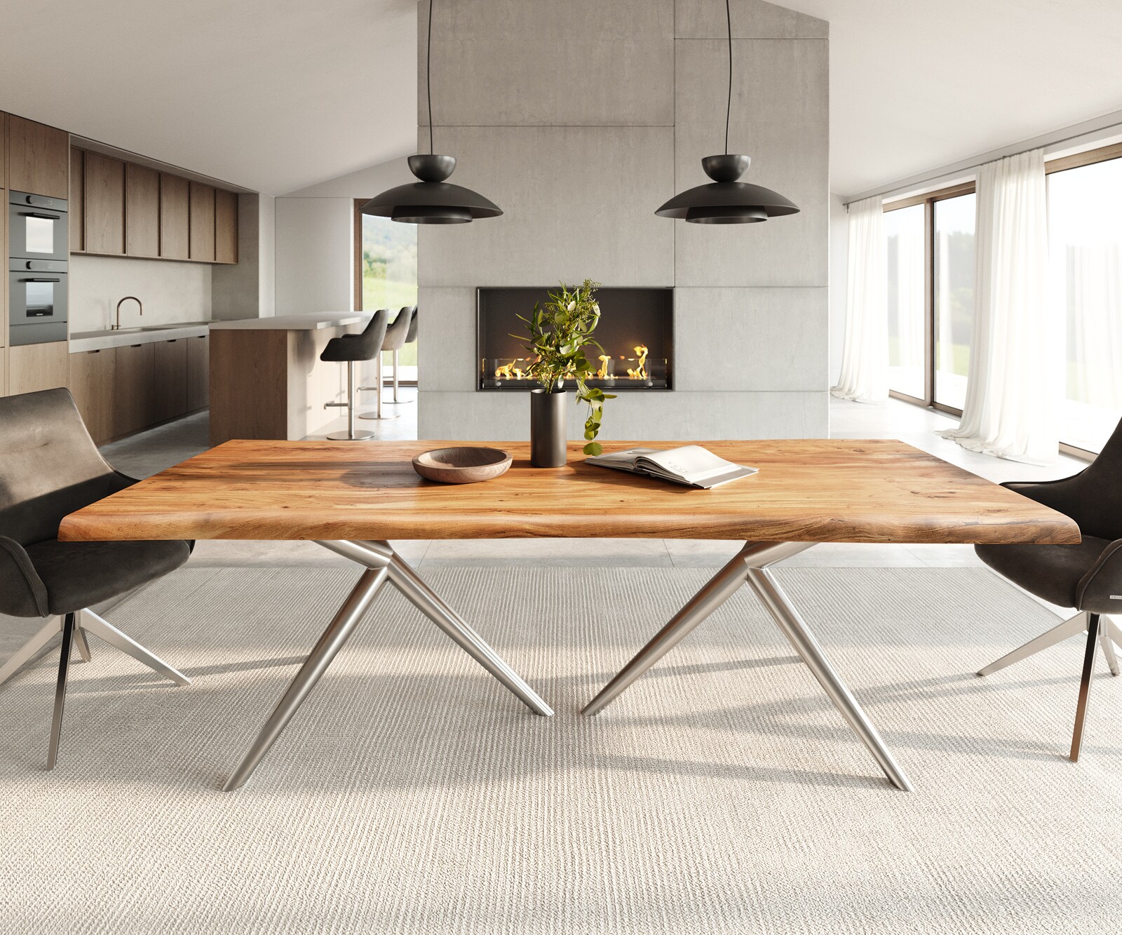 Table à manger Edge 240x100 acacia naturee Estelar rond acier inoxydable Live-Edge 1